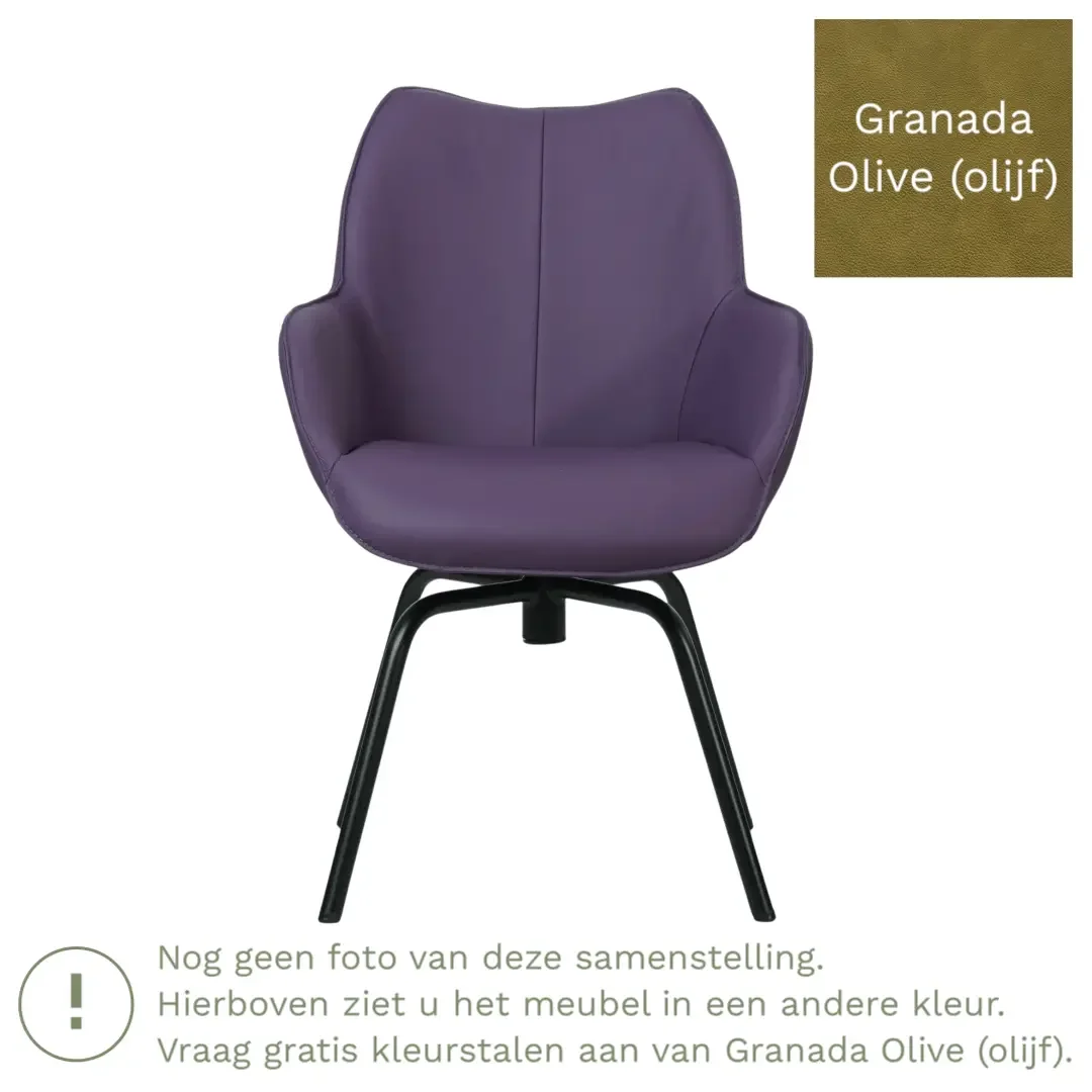 afbeelding van Leren draaibare eetkamerstoel Magic - Granada Olive (olijf) - Spinpoot staal rond zwart