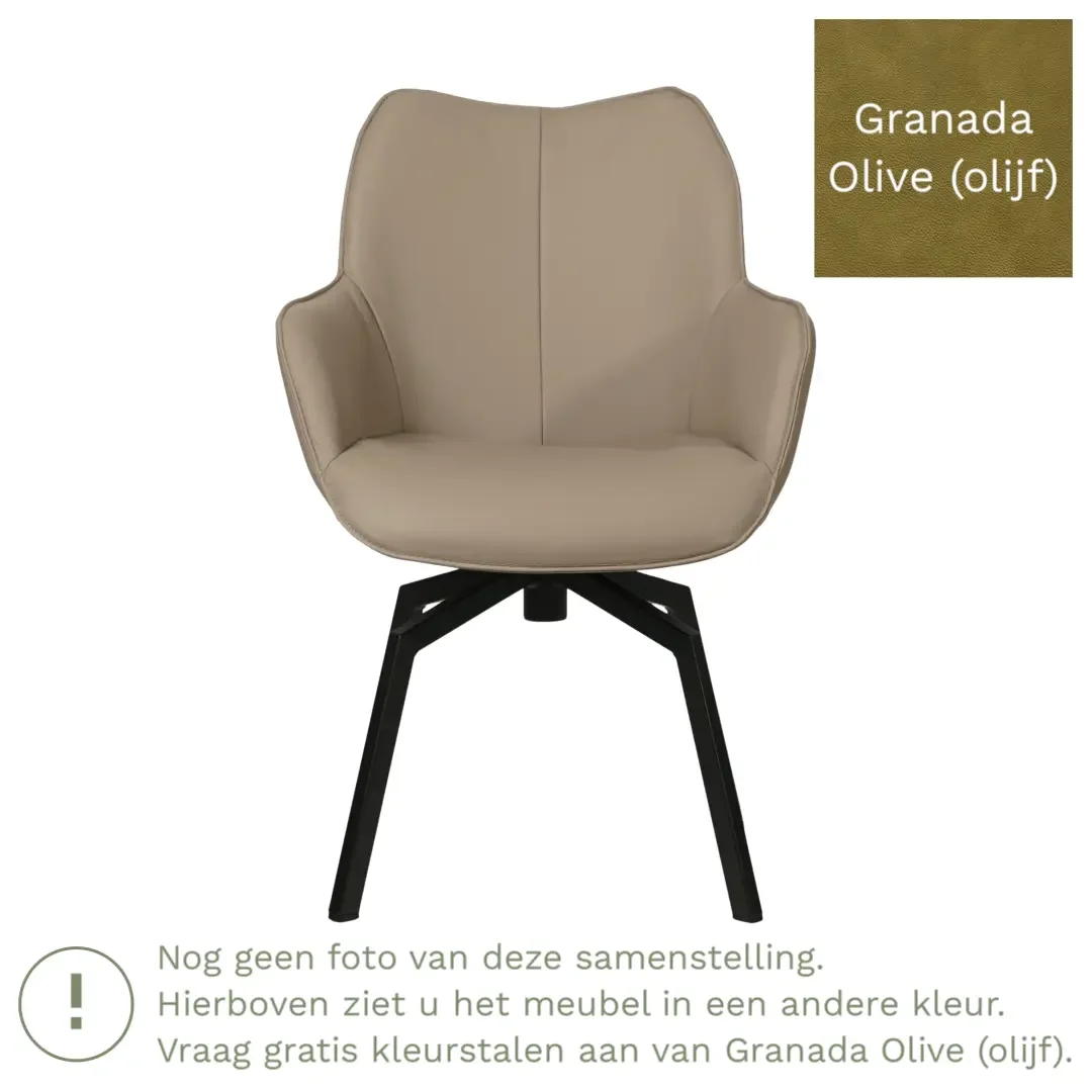 afbeelding van Leren draaibare eetkamerstoel Magic - Granada Olive (olijf) - Spinpoot staal vierkant zwart