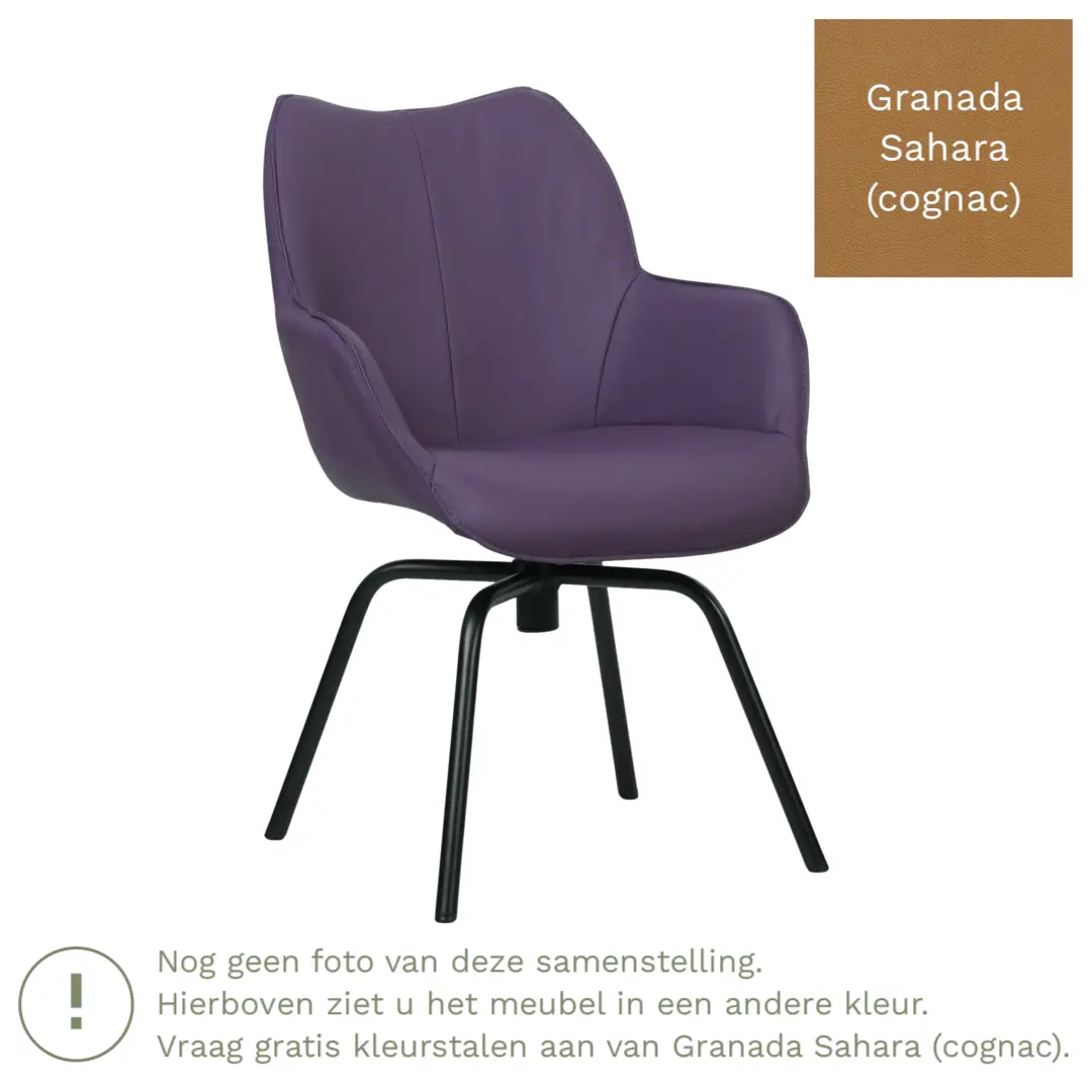 afbeelding van Leren draaibare eetkamerstoel Magic - Granada Sahara (cognac) - Spinpoot staal rond zwart