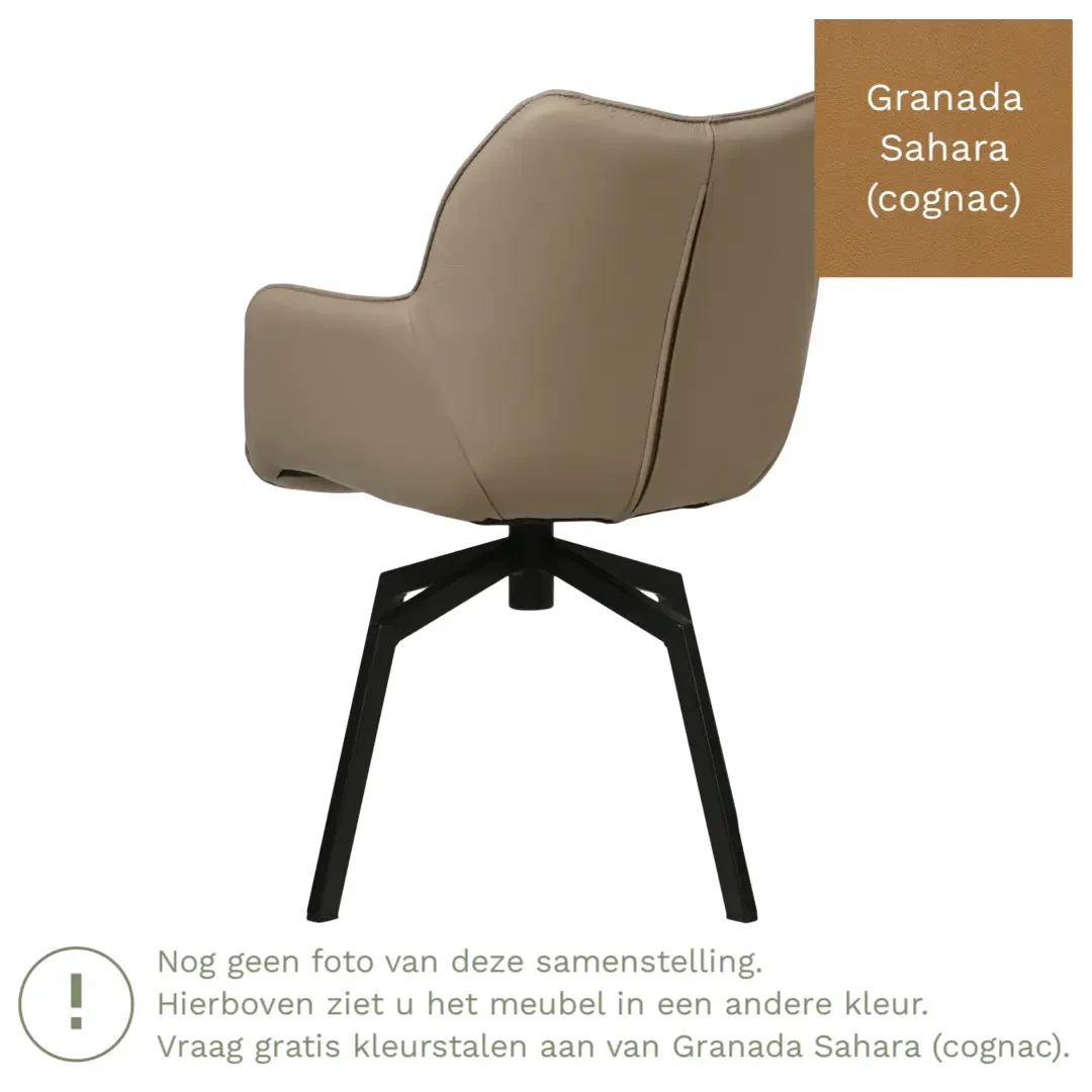 afbeelding van Leren draaibare eetkamerstoel Magic - Granada Sahara (cognac) - Spinpoot staal vierkant zwart