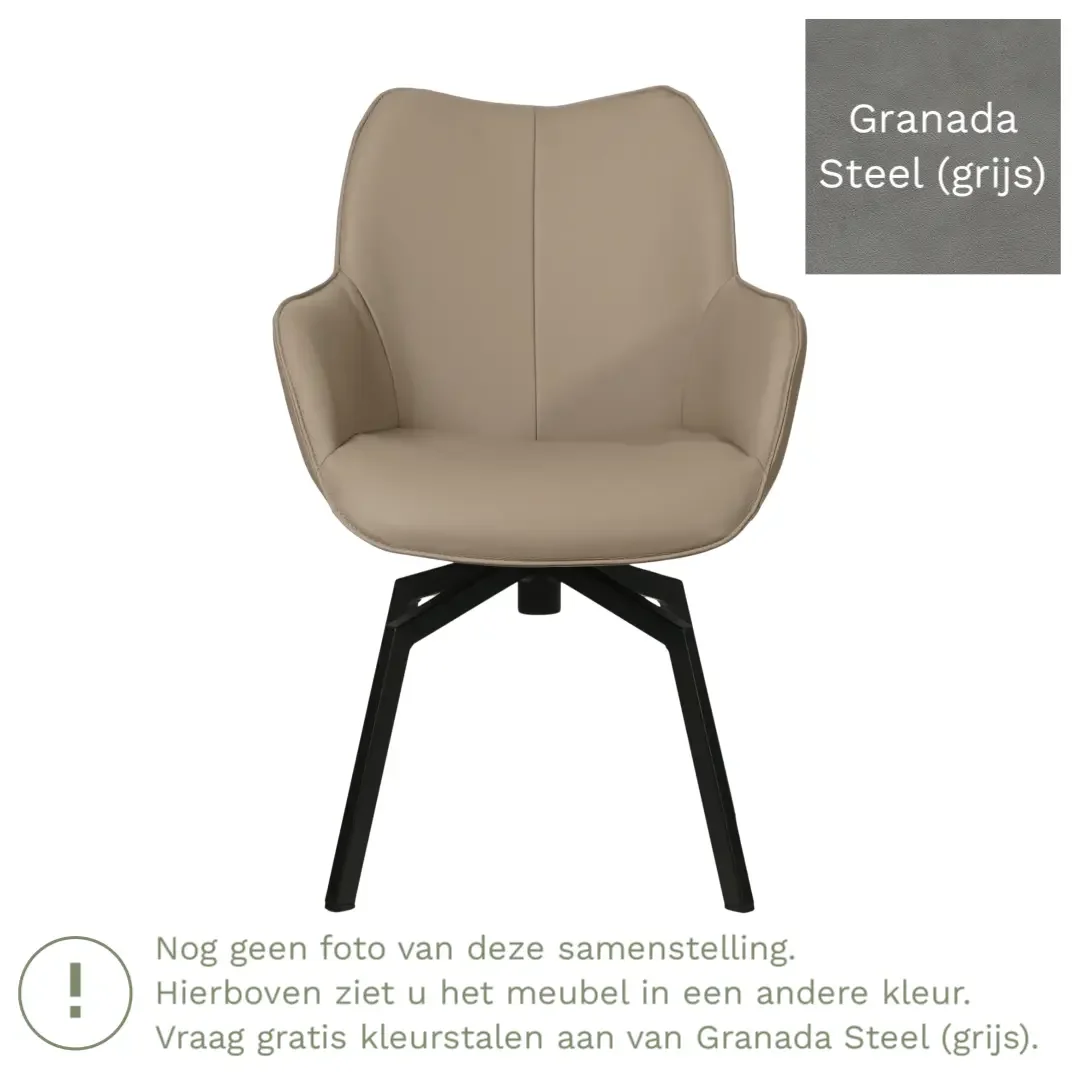 afbeelding van Leren draaibare eetkamerstoel Magic - Granada Steel (grijs) - Spinpoot staal vierkant zwart