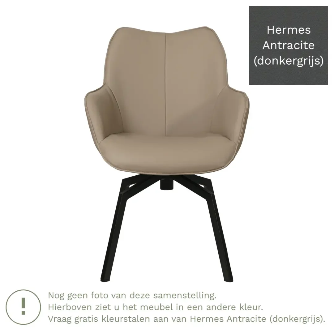 afbeelding van Leren draaibare eetkamerstoel Magic - Hermes Antracite (donkergrijs) - Spinpoot staal vierkant zwart