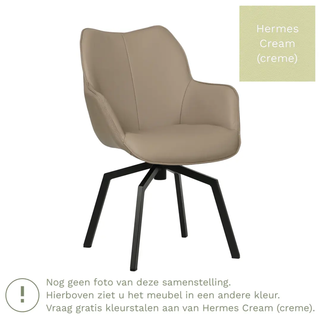 afbeelding van Leren draaibare eetkamerstoel Magic - Hermes Cream (crème) - Spinpoot staal vierkant zwart