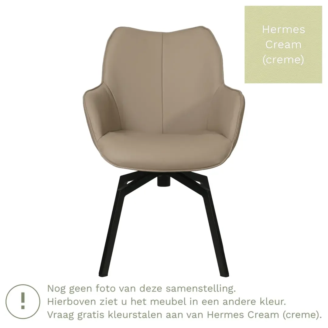 afbeelding van Leren draaibare eetkamerstoel Magic - Hermes Cream (crème) - Spinpoot staal vierkant zwart