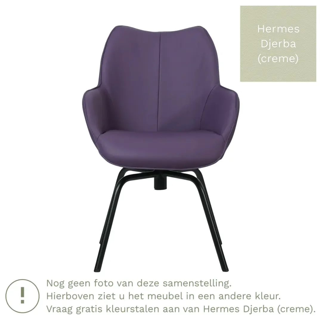 afbeelding van Leren draaibare eetkamerstoel Magic - Hermes Djerba (crème) - Spinpoot staal rond zwart