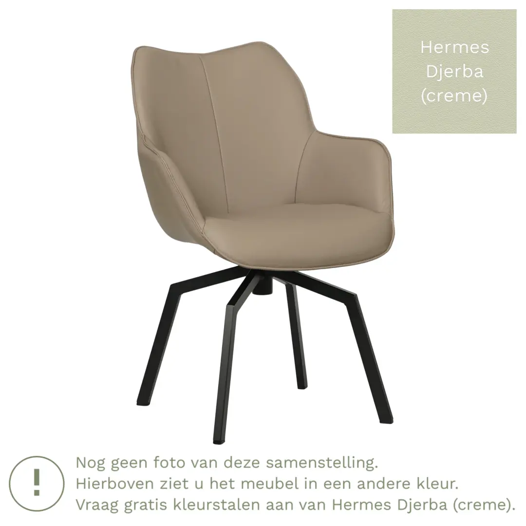 afbeelding van Leren draaibare eetkamerstoel Magic - Hermes Djerba (crème) - Spinpoot staal vierkant zwart