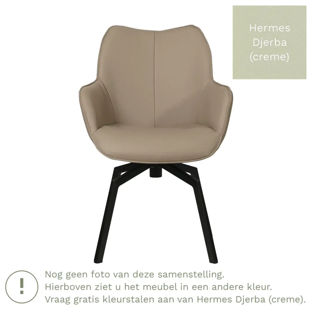afbeelding van Leren draaibare eetkamerstoel Magic - Hermes Djerba (crème) - Spinpoot staal vierkant zwart