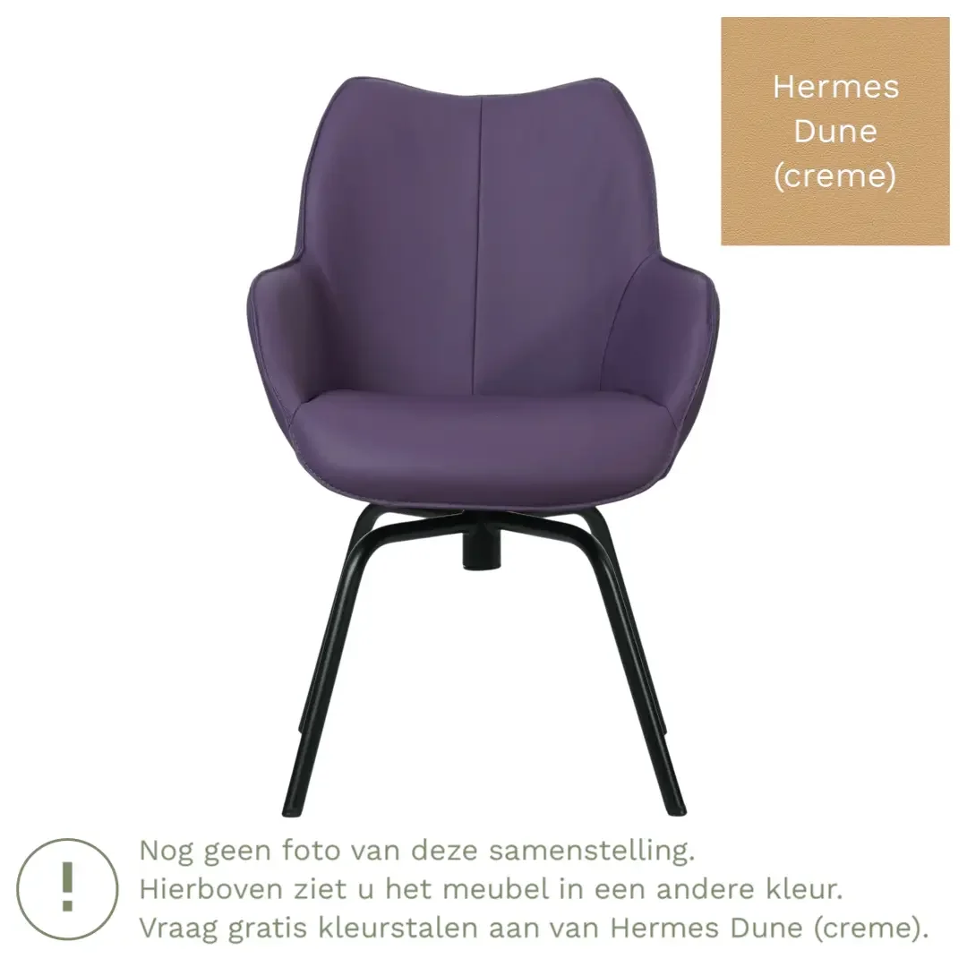 afbeelding van Leren draaibare eetkamerstoel Magic - Hermes Dune (crème) - Spinpoot staal rond zwart
