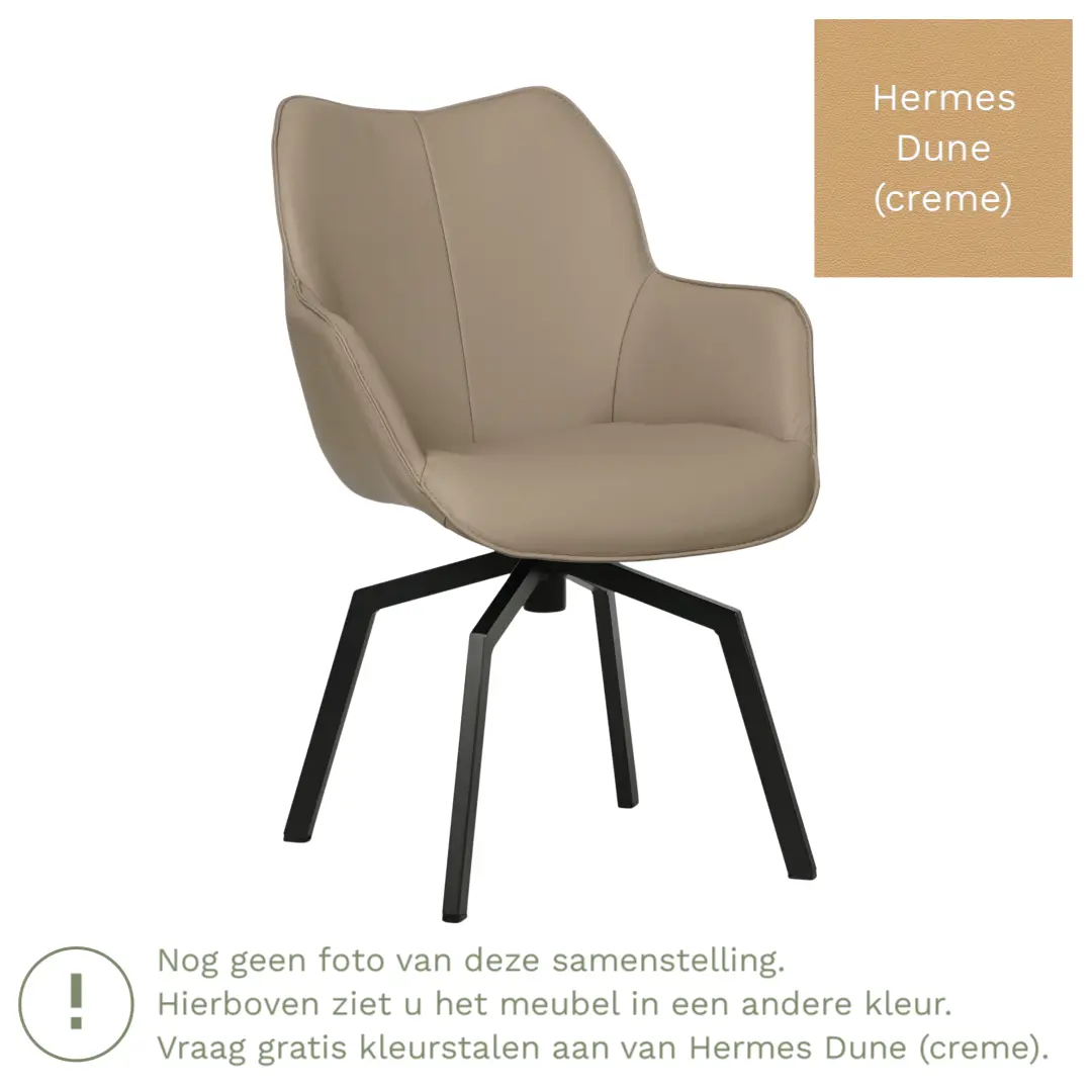 afbeelding van Leren draaibare eetkamerstoel Magic - Hermes Dune (crème) - Spinpoot staal vierkant zwart