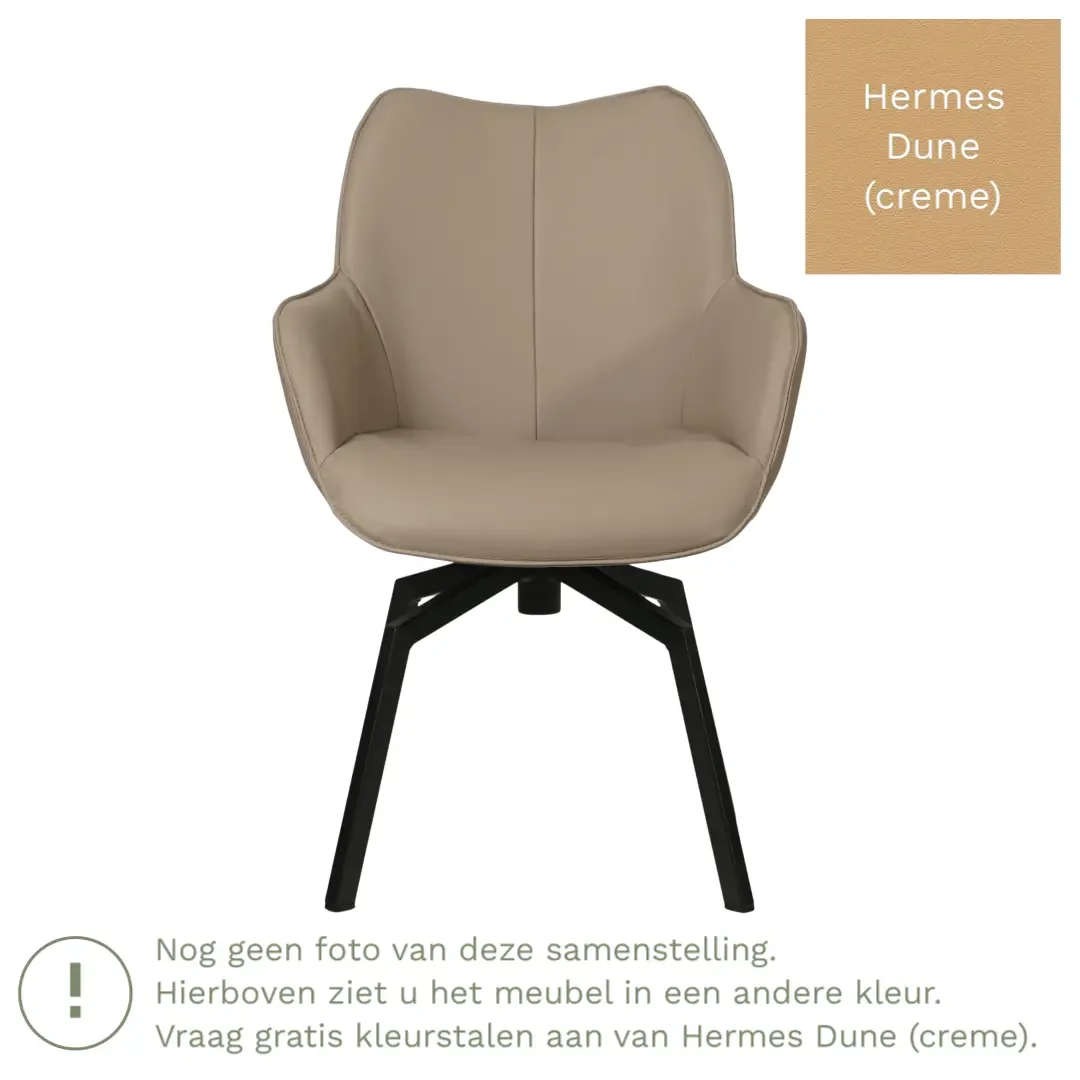 afbeelding van Leren draaibare eetkamerstoel Magic - Hermes Dune (crème) - Spinpoot staal vierkant zwart