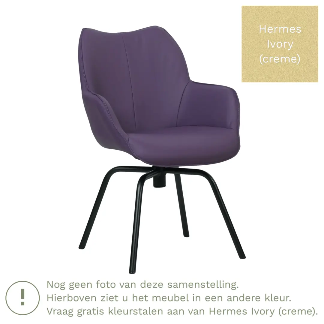afbeelding van Leren draaibare eetkamerstoel Magic - Hermes Ivory (crème) - Spinpoot staal rond zwart