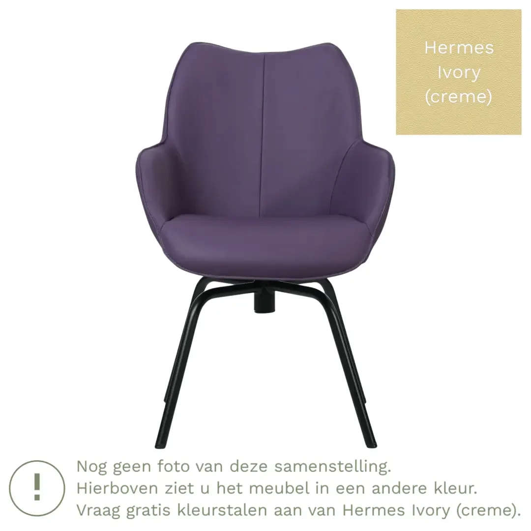 afbeelding van Leren draaibare eetkamerstoel Magic - Hermes Ivory (crème) - Spinpoot staal rond zwart