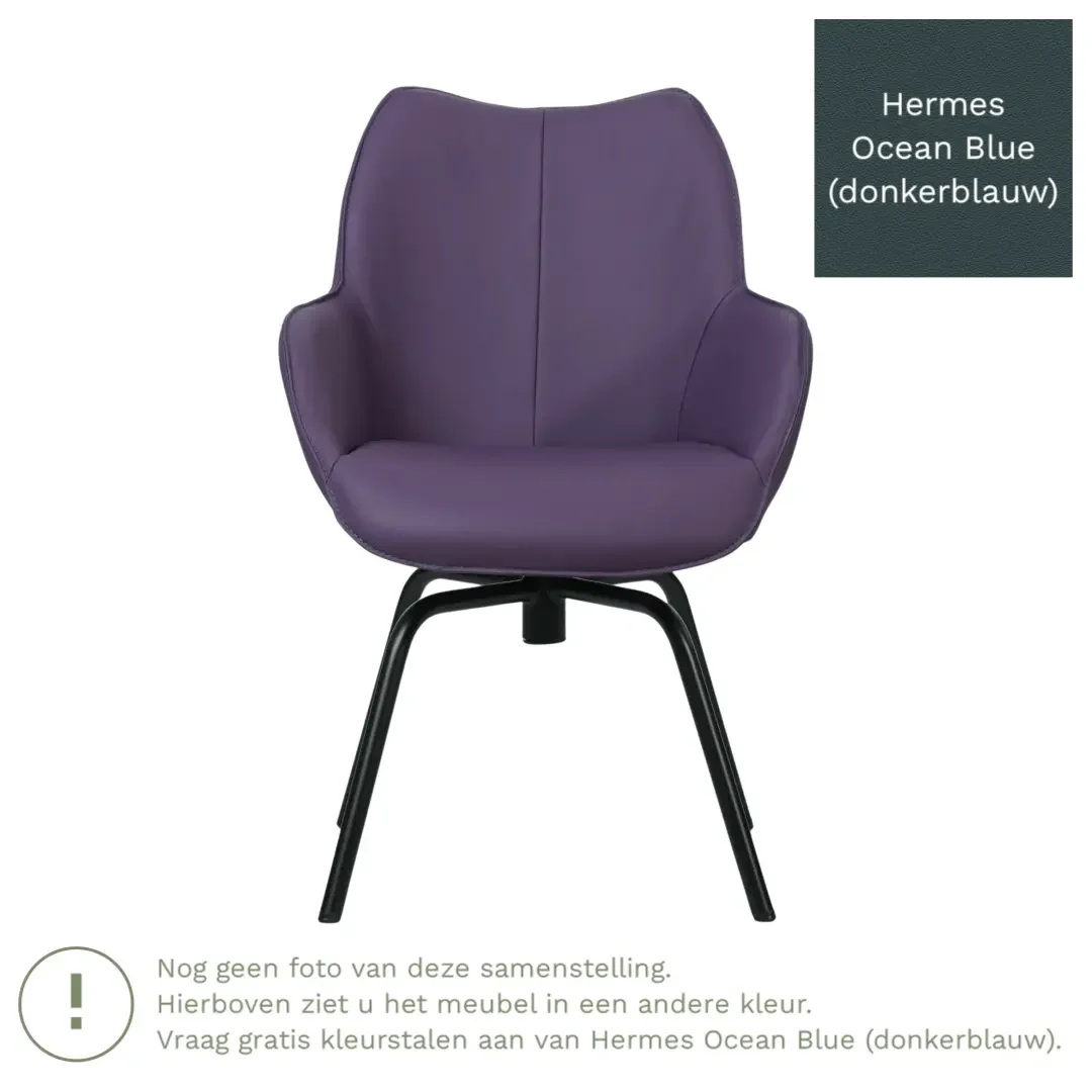 afbeelding van Leren draaibare eetkamerstoel Magic - Hermes Ocean Blue (donkerblauw) - Spinpoot staal rond zwart