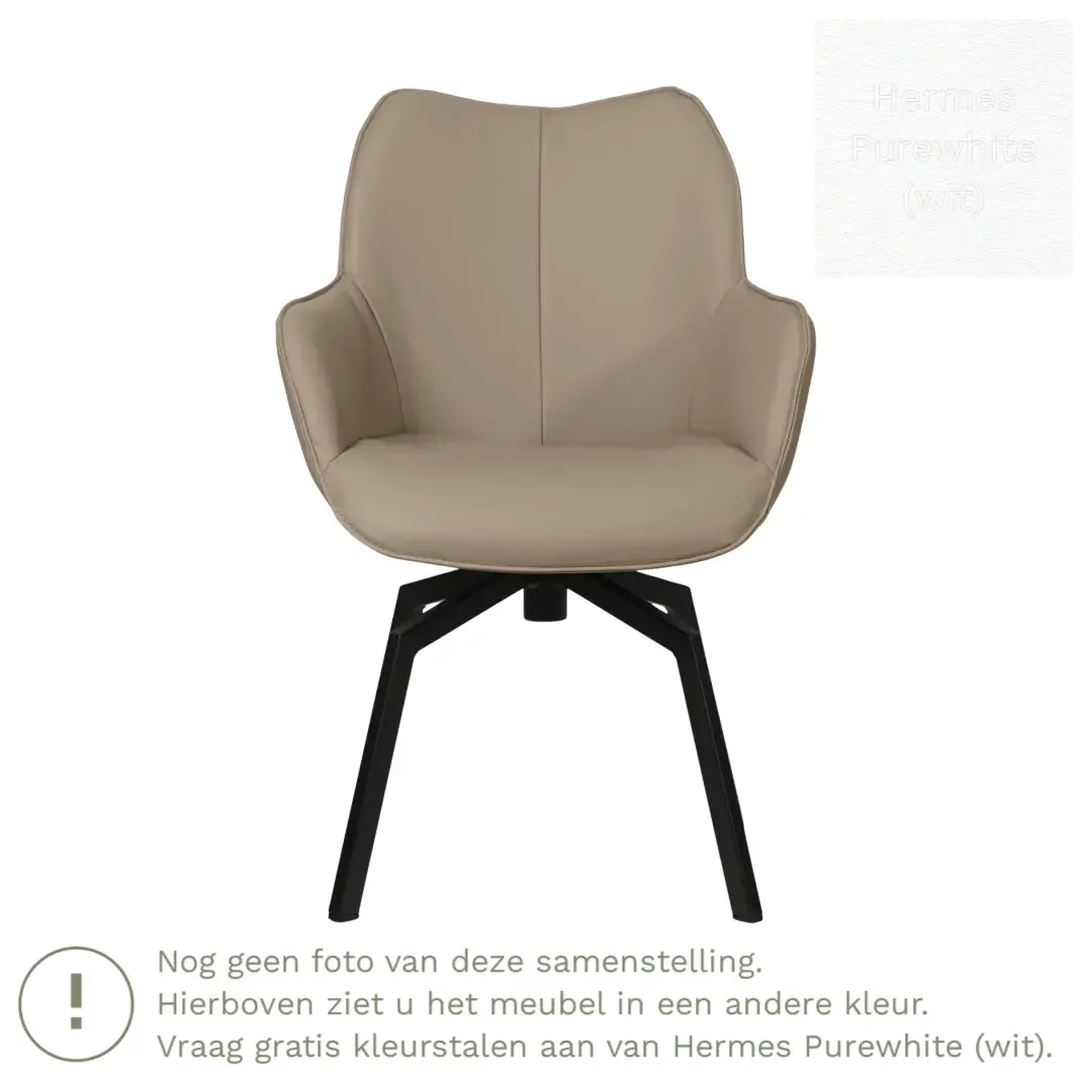 afbeelding van Leren draaibare eetkamerstoel Magic - Hermes Purewhite (wit) - Spinpoot staal vierkant zwart