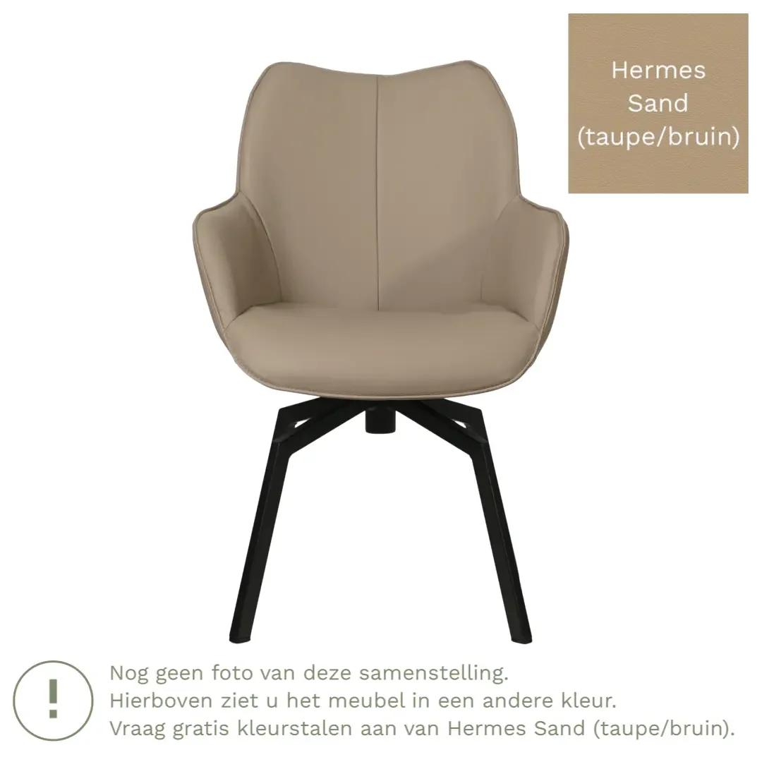 afbeelding van Leren draaibare eetkamerstoel Magic - Hermes Sand (taupe/bruin) - Spinpoot staal vierkant zwart