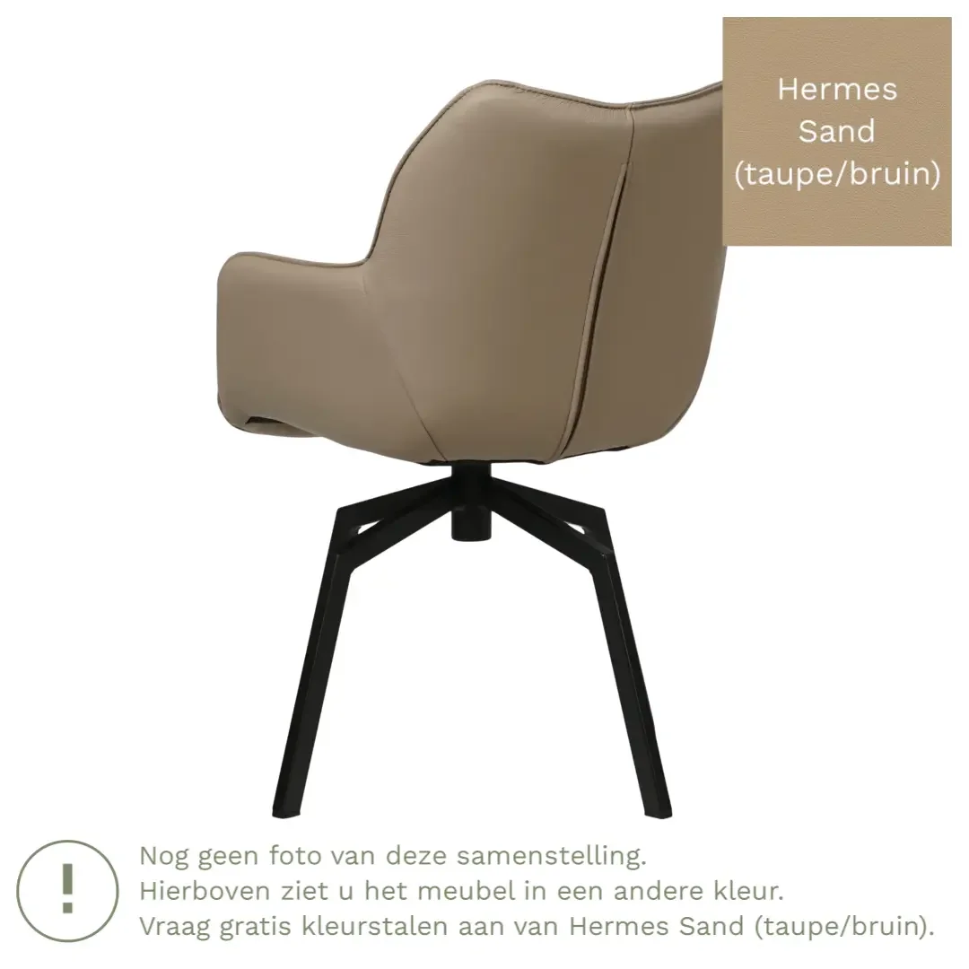afbeelding van Leren draaibare eetkamerstoel Magic - Hermes Sand (taupe/bruin) - Spinpoot staal vierkant zwart