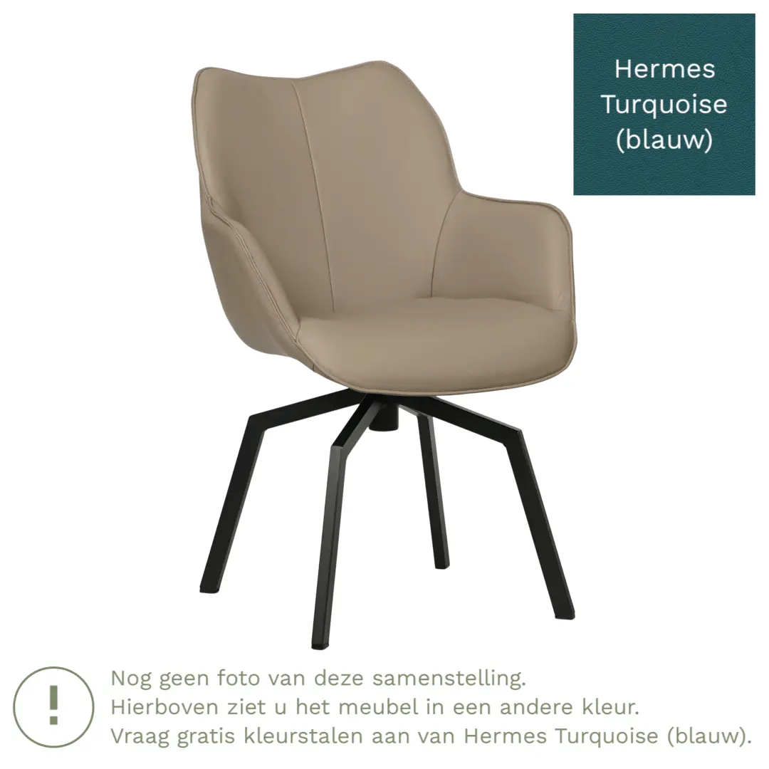 afbeelding van Leren draaibare eetkamerstoel Magic - Hermes Turquoise (blauw) - Spinpoot staal vierkant zwart