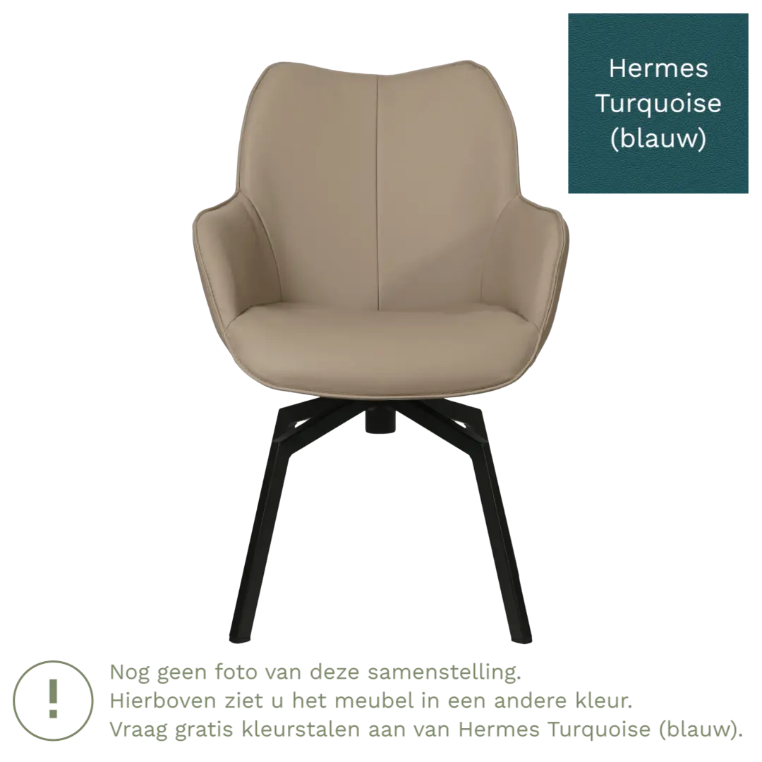afbeelding van Leren draaibare eetkamerstoel Magic - Hermes Turquoise (blauw) - Spinpoot staal vierkant zwart