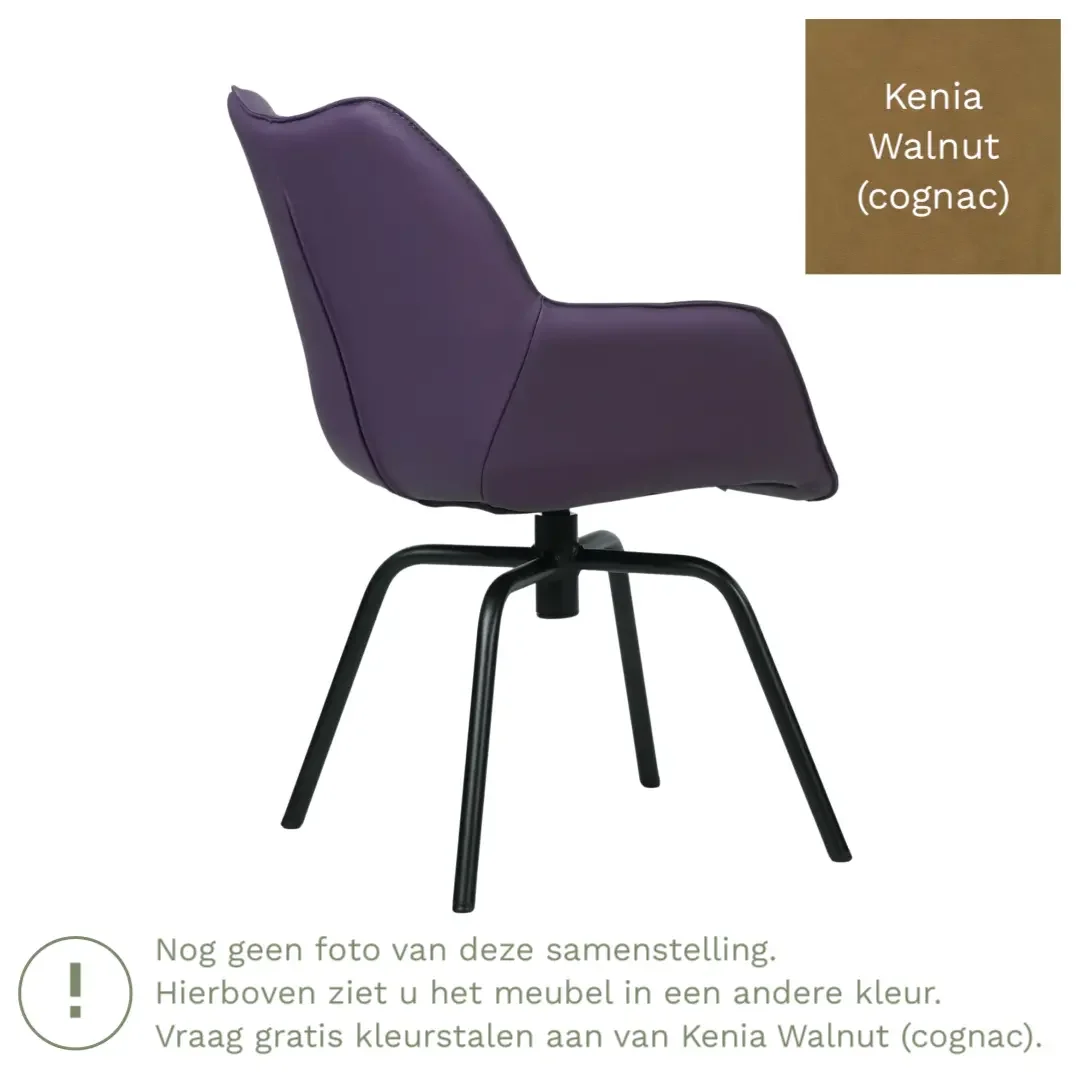 afbeelding van Leren draaibare eetkamerstoel Magic - Kenia Walnut (cognac) - Spinpoot staal rond zwart