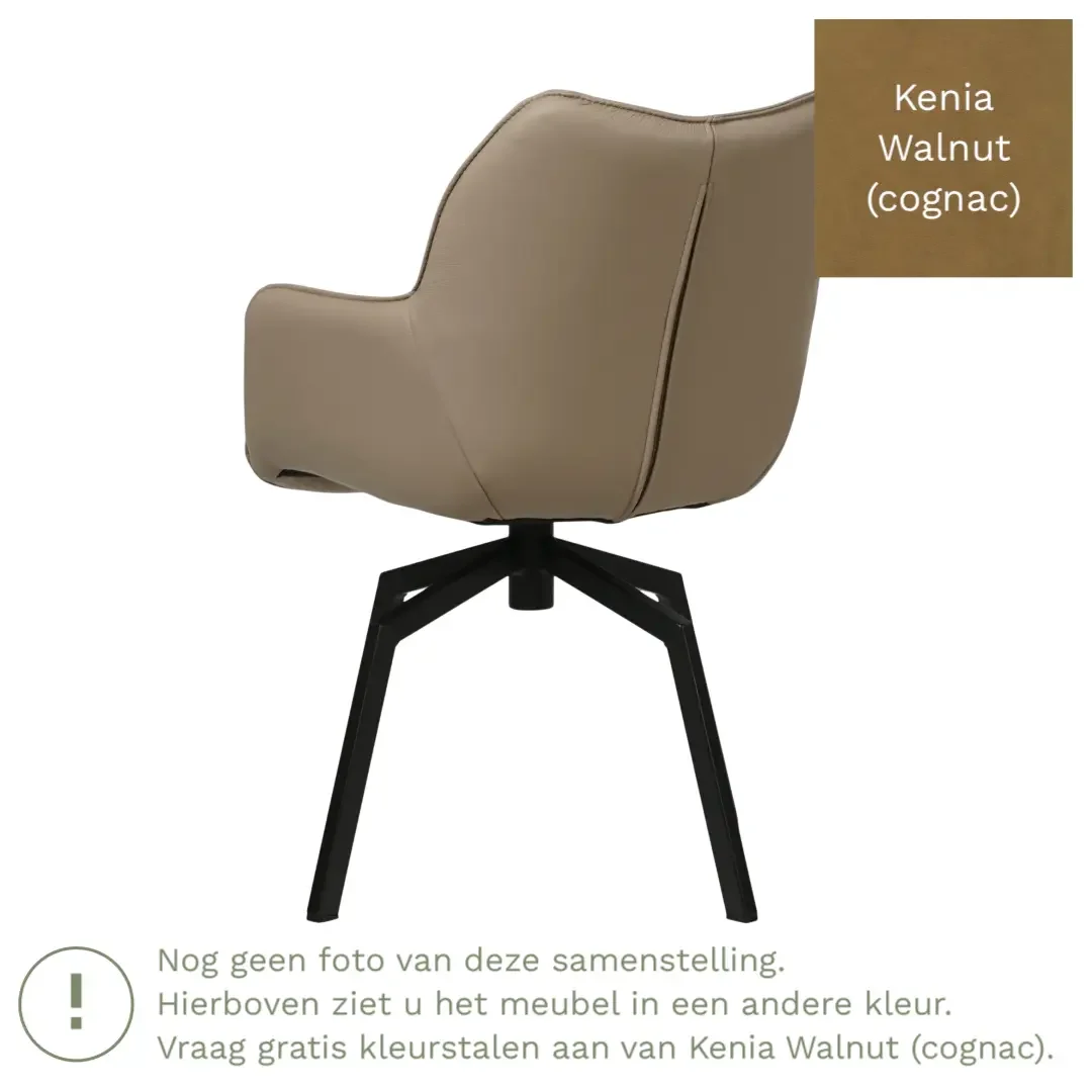 afbeelding van Leren draaibare eetkamerstoel Magic - Kenia Walnut (cognac) - Spinpoot staal vierkant zwart