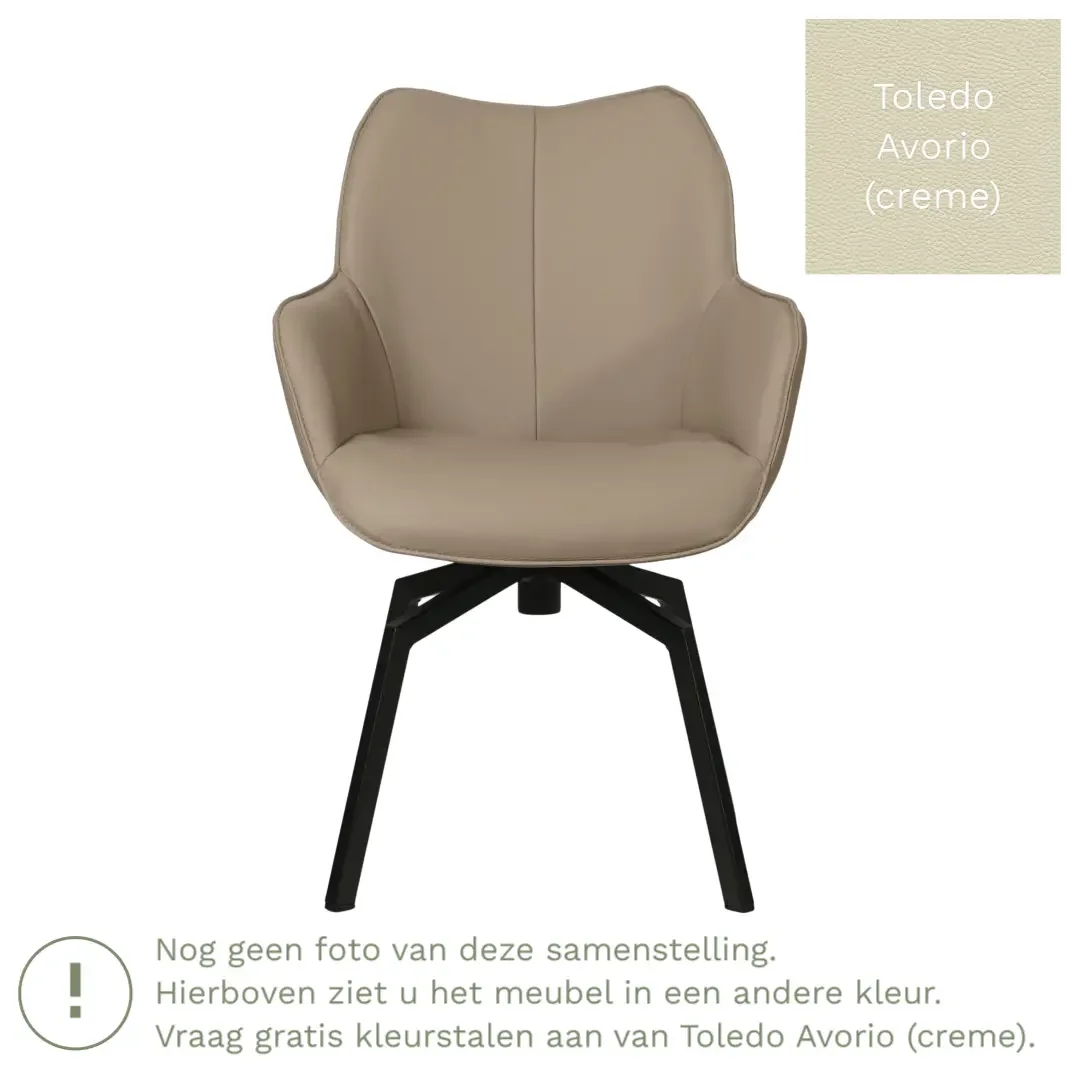 afbeelding van Leren draaibare eetkamerstoel Magic - Toledo Avorio (crème) - Spinpoot staal vierkant zwart