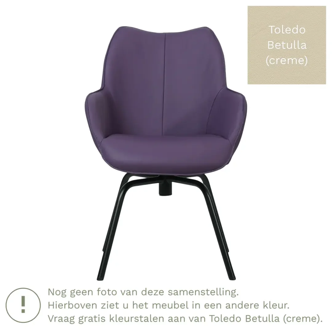 afbeelding van Leren draaibare eetkamerstoel Magic - Toledo Betulla (crème) - Spinpoot staal rond zwart