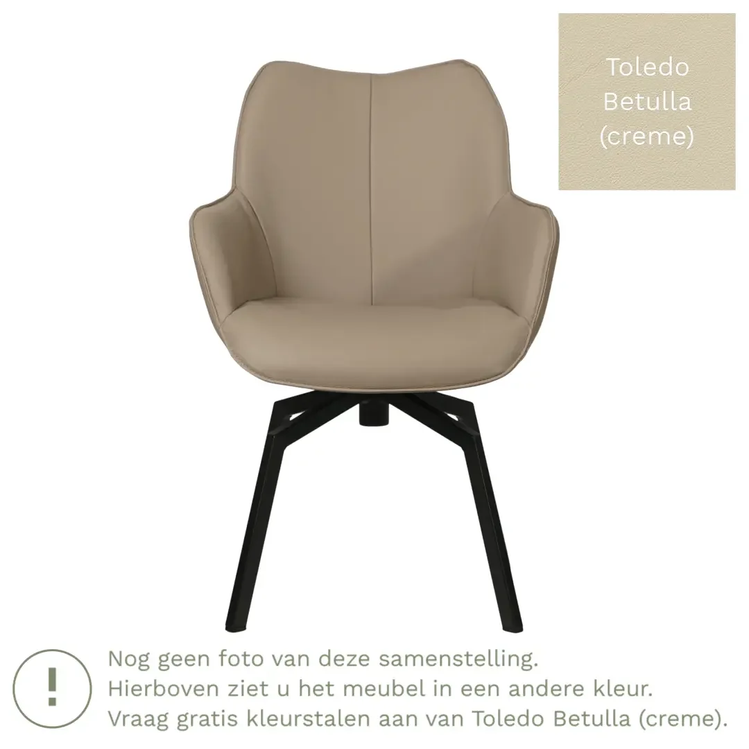 afbeelding van Leren draaibare eetkamerstoel Magic - Toledo Betulla (crème) - Spinpoot staal vierkant zwart