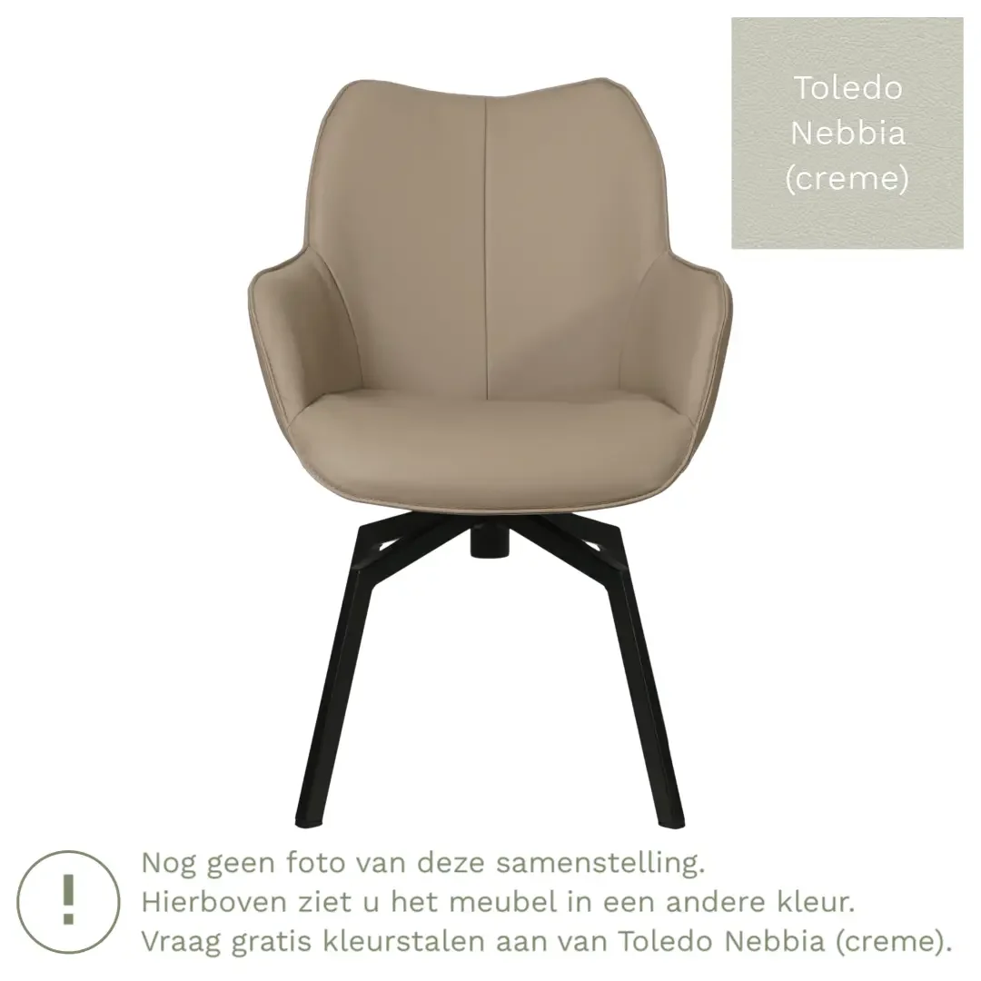 afbeelding van Leren draaibare eetkamerstoel Magic - Toledo Nebbia (crème) - Spinpoot staal vierkant zwart
