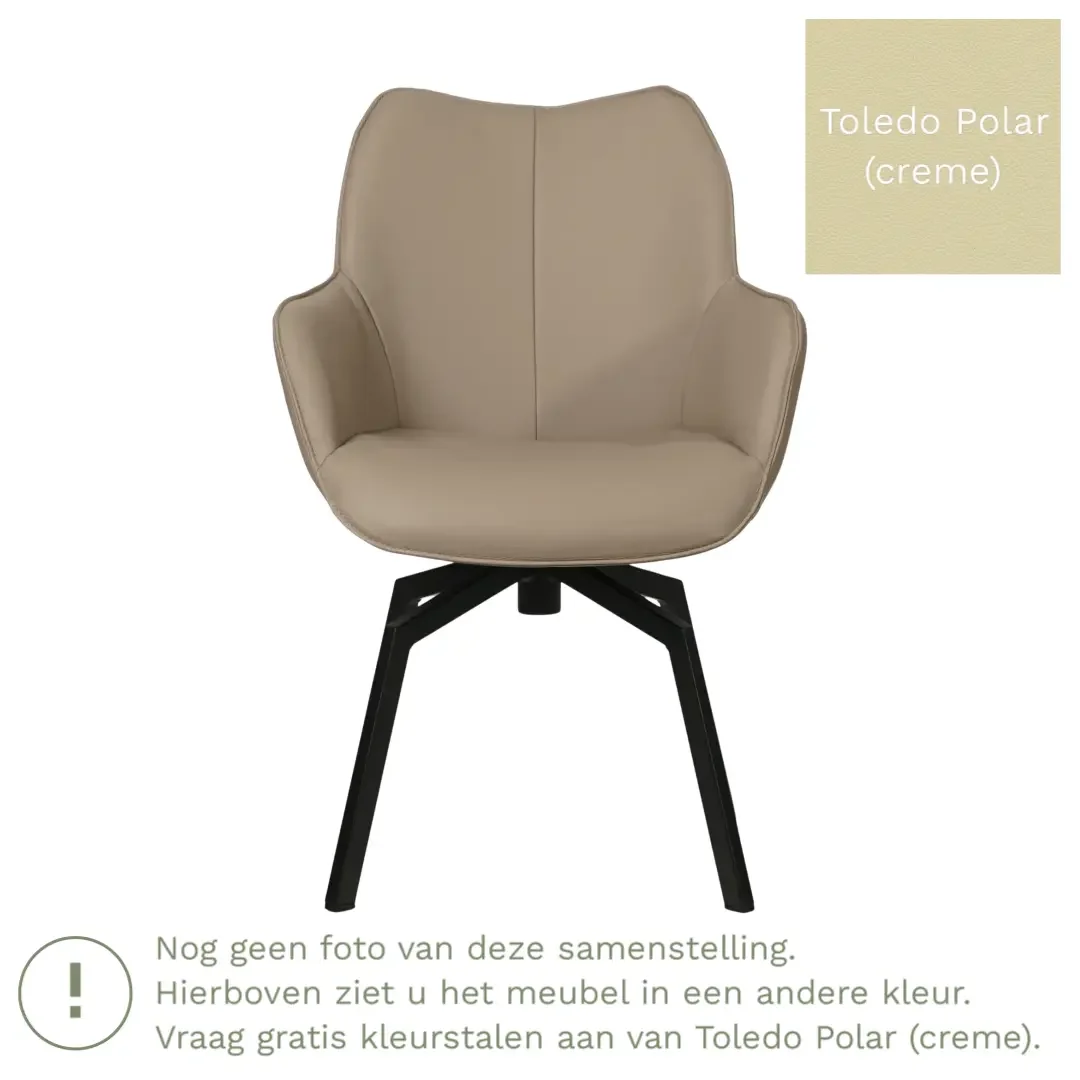 afbeelding van Leren draaibare eetkamerstoel Magic - Toledo Polar (crème) - Spinpoot staal vierkant zwart