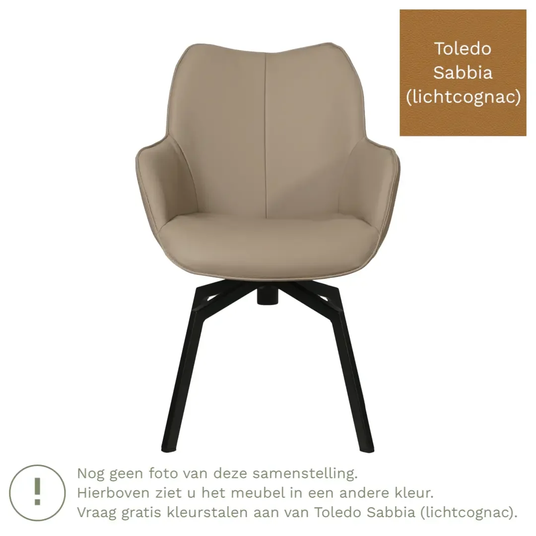 afbeelding van Leren draaibare eetkamerstoel Magic - Toledo Sabbia (lichtcognac) - Spinpoot staal vierkant zwart