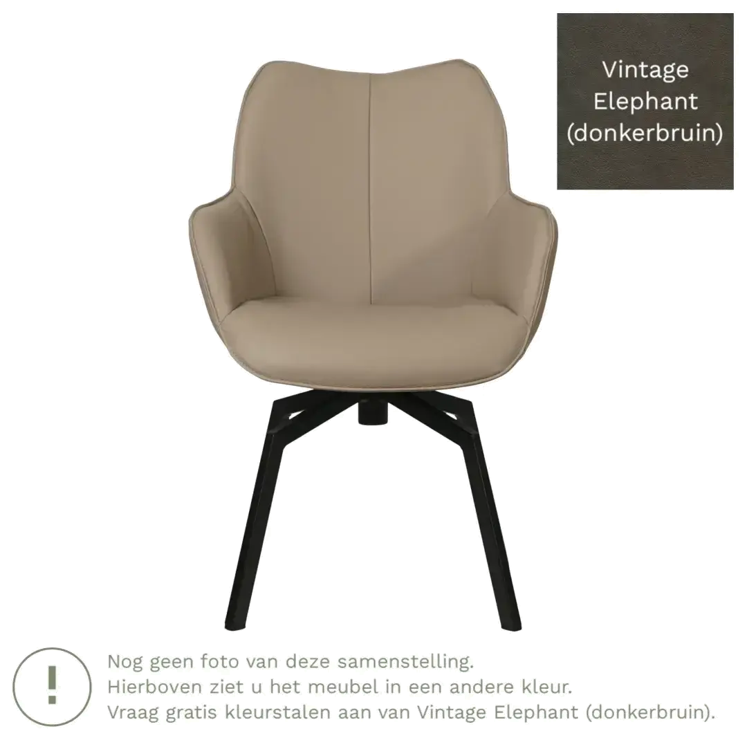 afbeelding van Leren draaibare eetkamerstoel Magic - Vintage Elephant (donkerbruin) - Spinpoot staal vierkant zwart