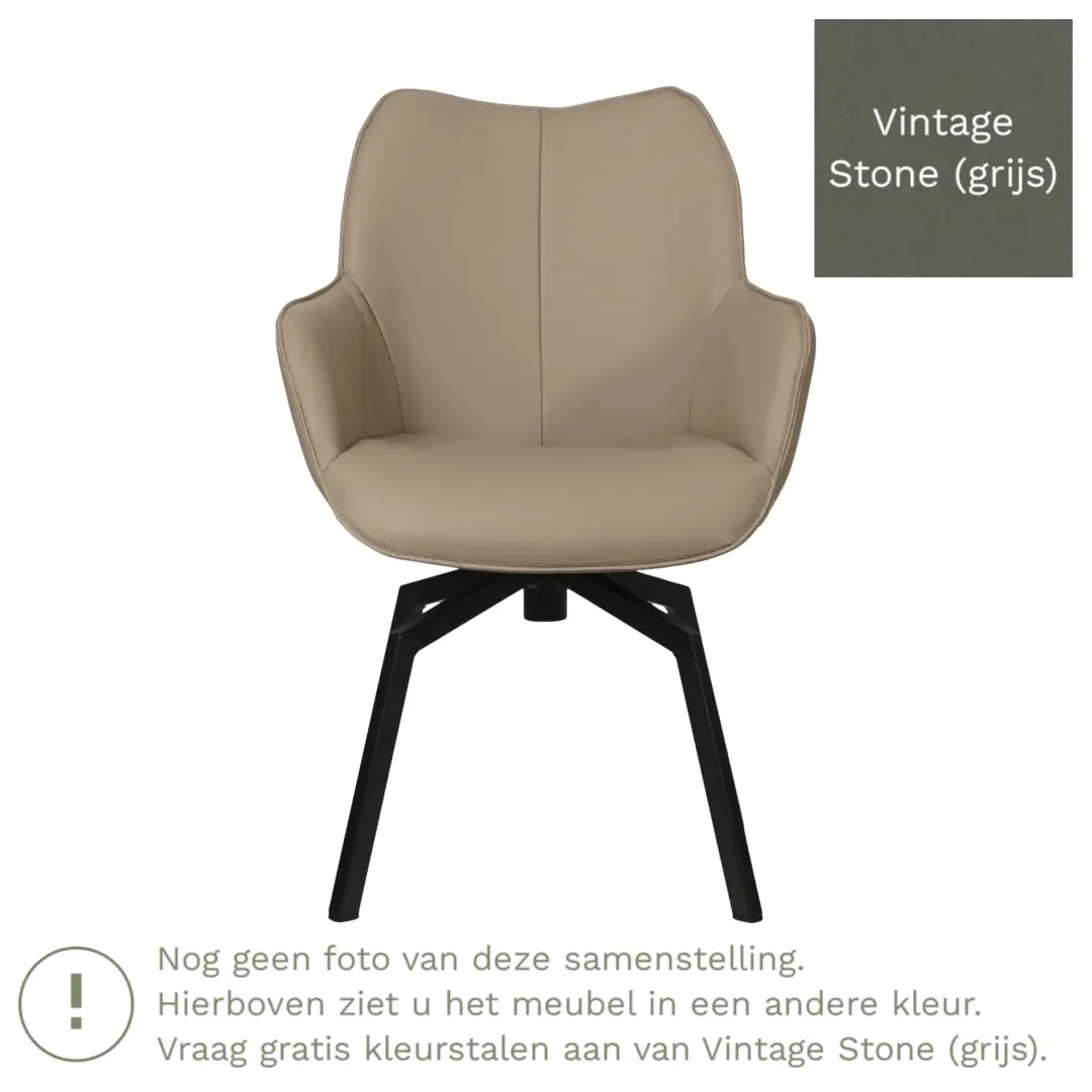 afbeelding van Leren draaibare eetkamerstoel Magic - Vintage Stone (grijs) - Spinpoot staal vierkant zwart