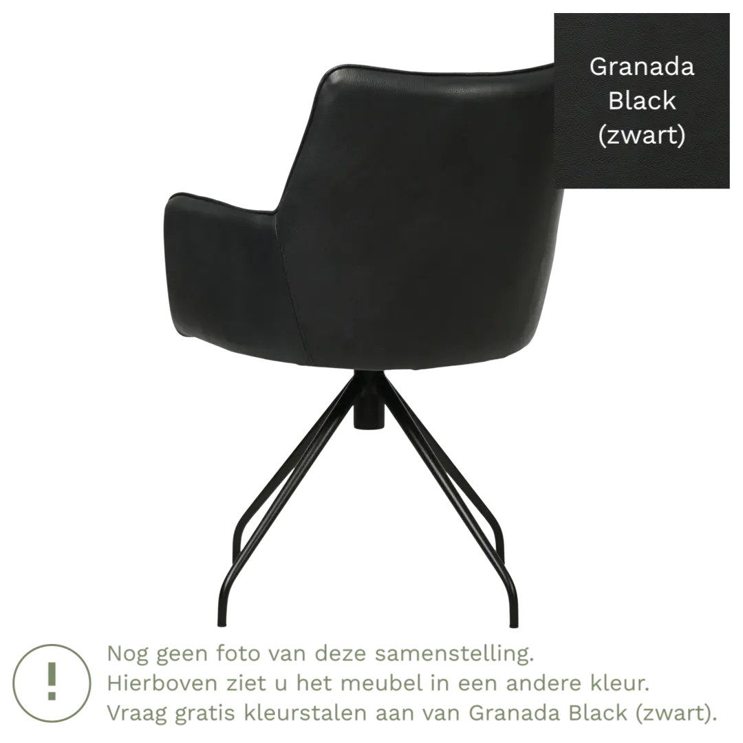 afbeelding van Leren draaibare eetkamerstoel Wave - Granada Black (zwart) - Spinpoot staal rond zwart