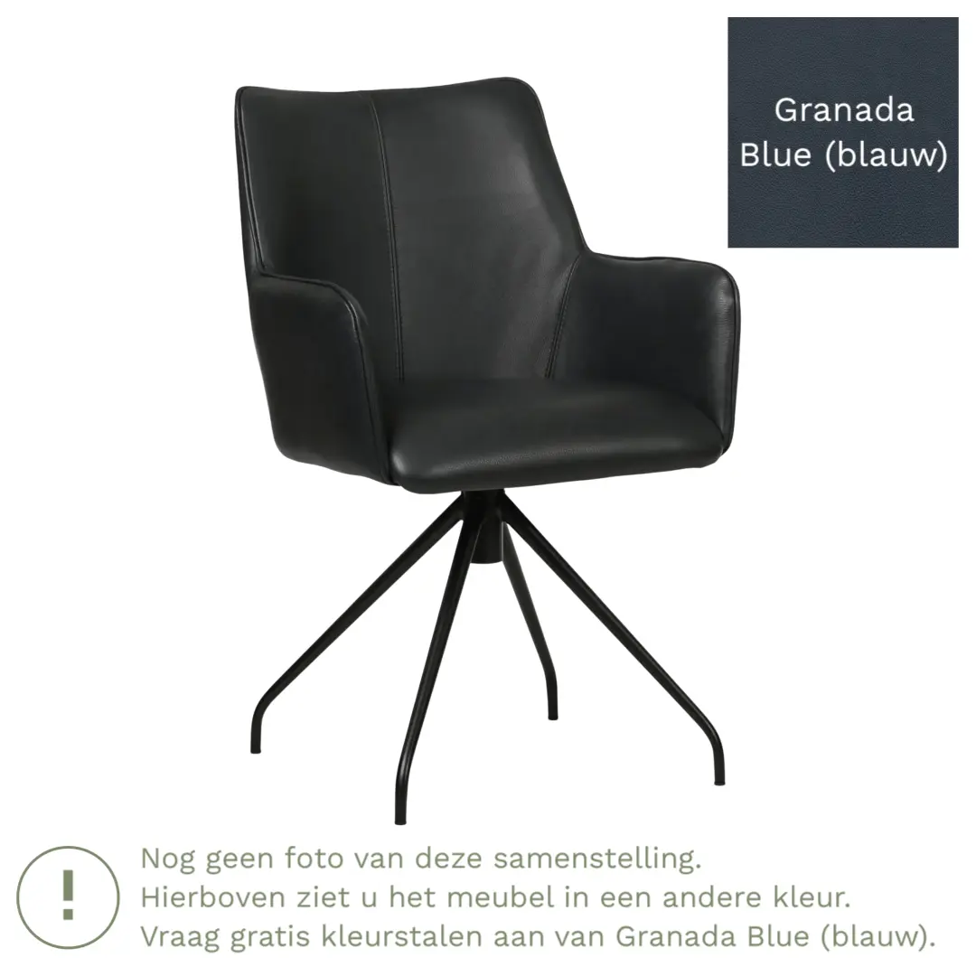 afbeelding van Leren draaibare eetkamerstoel Wave - Granada Blue (blauw) - Spinpoot staal rond zwart