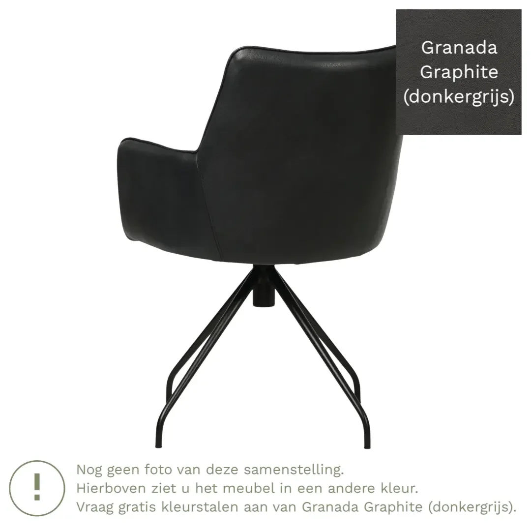 afbeelding van Leren draaibare eetkamerstoel Wave - Granada Graphite (donkergrijs) - Spinpoot staal rond zwart
