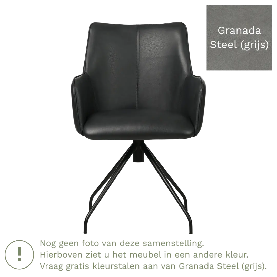 afbeelding van Leren draaibare eetkamerstoel Wave - Granada Steel (grijs) - Spinpoot staal rond zwart