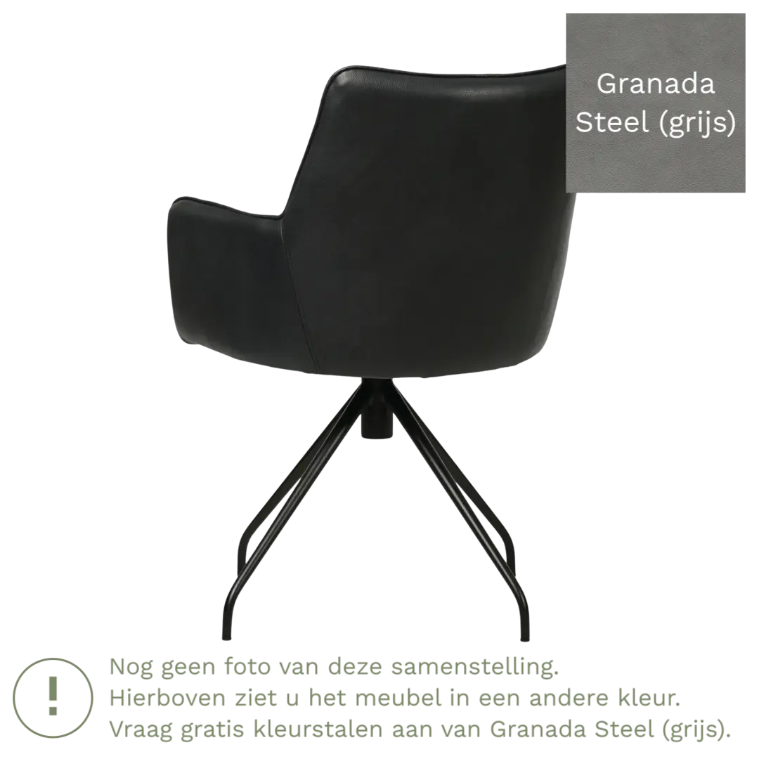 afbeelding van Leren draaibare eetkamerstoel Wave - Granada Steel (grijs) - Spinpoot staal rond zwart