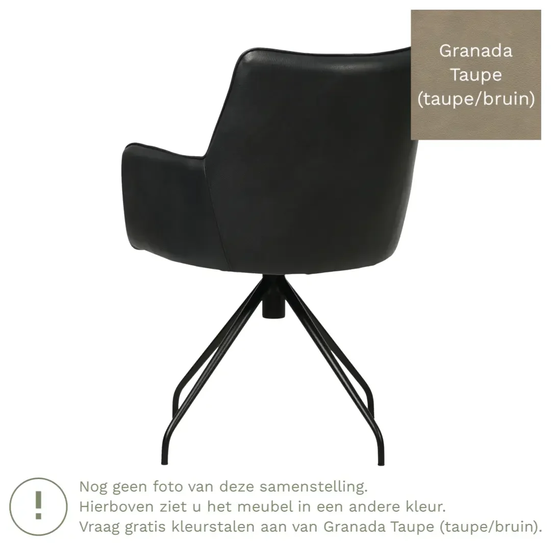 afbeelding van Leren draaibare eetkamerstoel Wave - Granada Taupe (taupe/bruin) - Spinpoot staal rond zwart