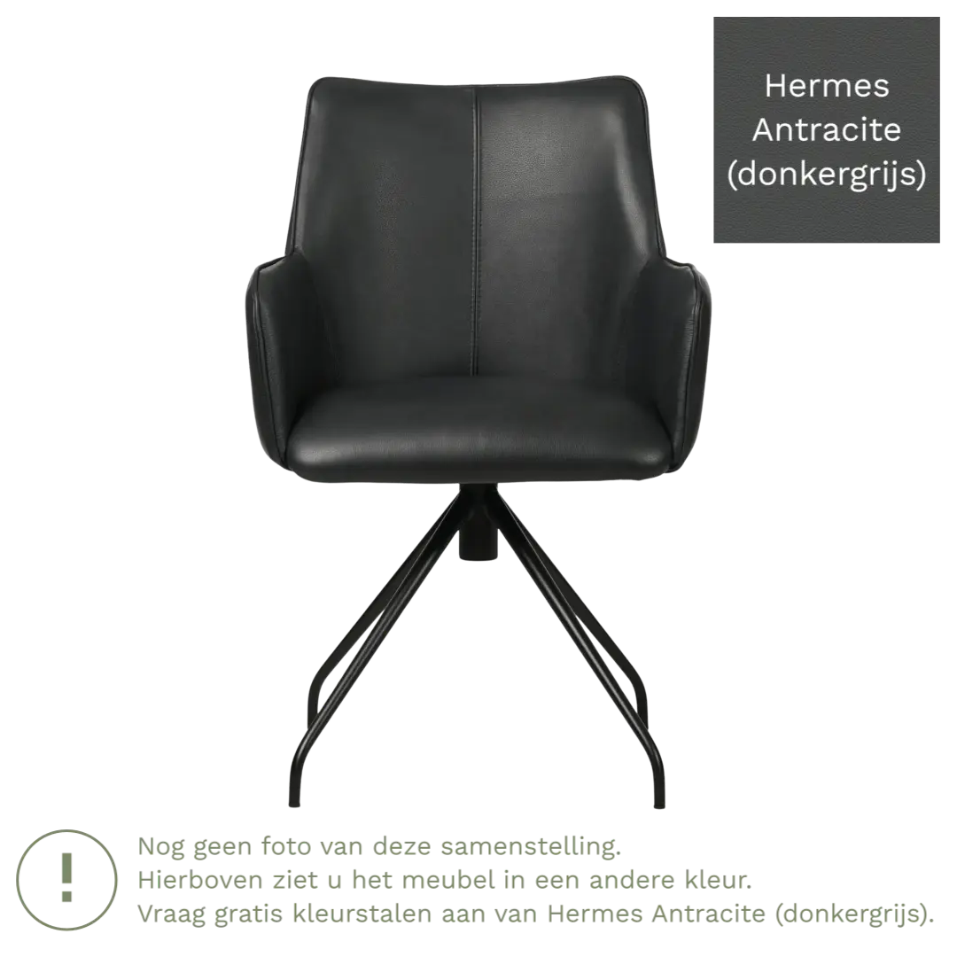 afbeelding van Leren draaibare eetkamerstoel Wave - Hermes Antracite (donkergrijs) - Spinpoot staal rond zwart