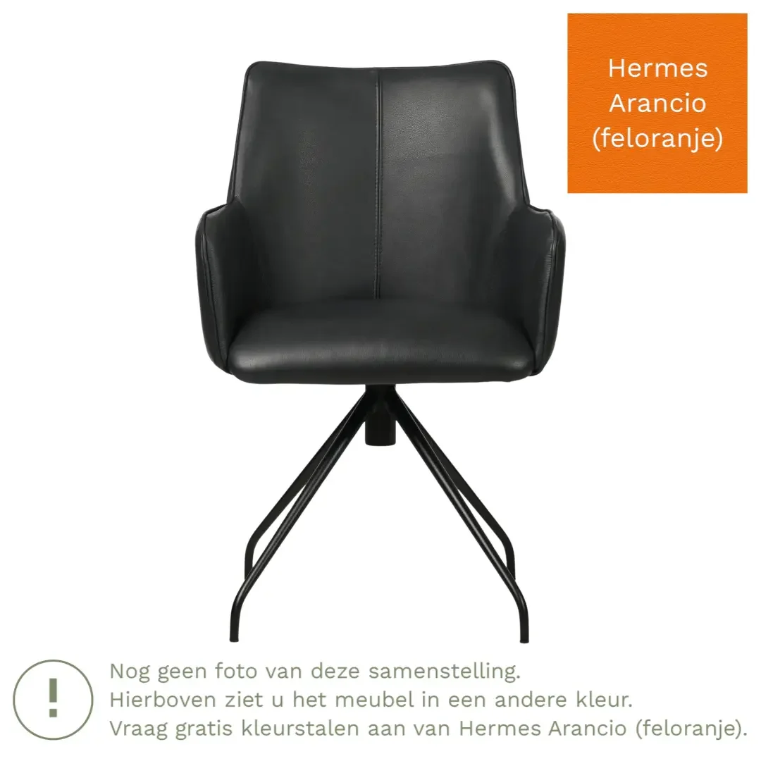 afbeelding van Leren draaibare eetkamerstoel Wave - Hermes Arancio (feloranje) - Spinpoot staal rond zwart