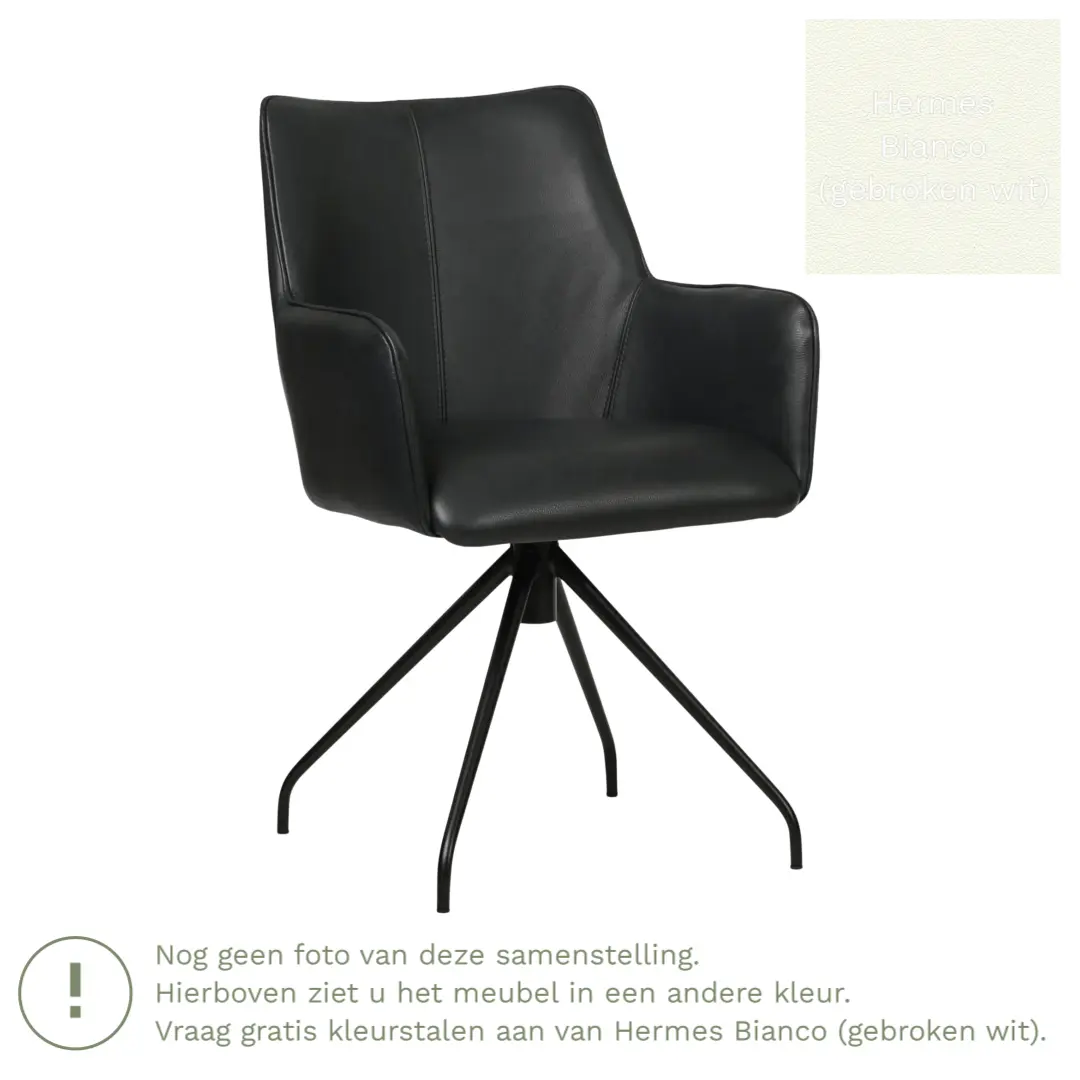afbeelding van Leren draaibare eetkamerstoel Wave - Hermes Bianco (gebroken wit) - Spinpoot staal rond zwart