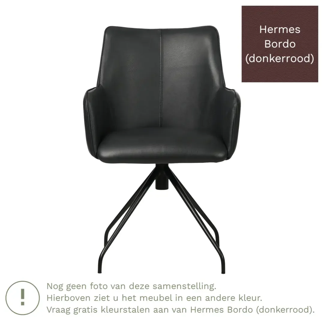 afbeelding van Leren draaibare eetkamerstoel Wave - Hermes Bordo (donkerrood) - Spinpoot staal rond zwart