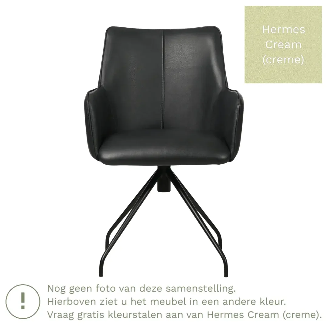 afbeelding van Leren draaibare eetkamerstoel Wave - Hermes Cream (crème) - Spinpoot staal rond zwart