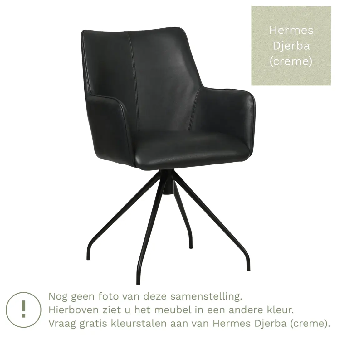 afbeelding van Leren draaibare eetkamerstoel Wave - Hermes Djerba (crème) - Spinpoot staal rond zwart