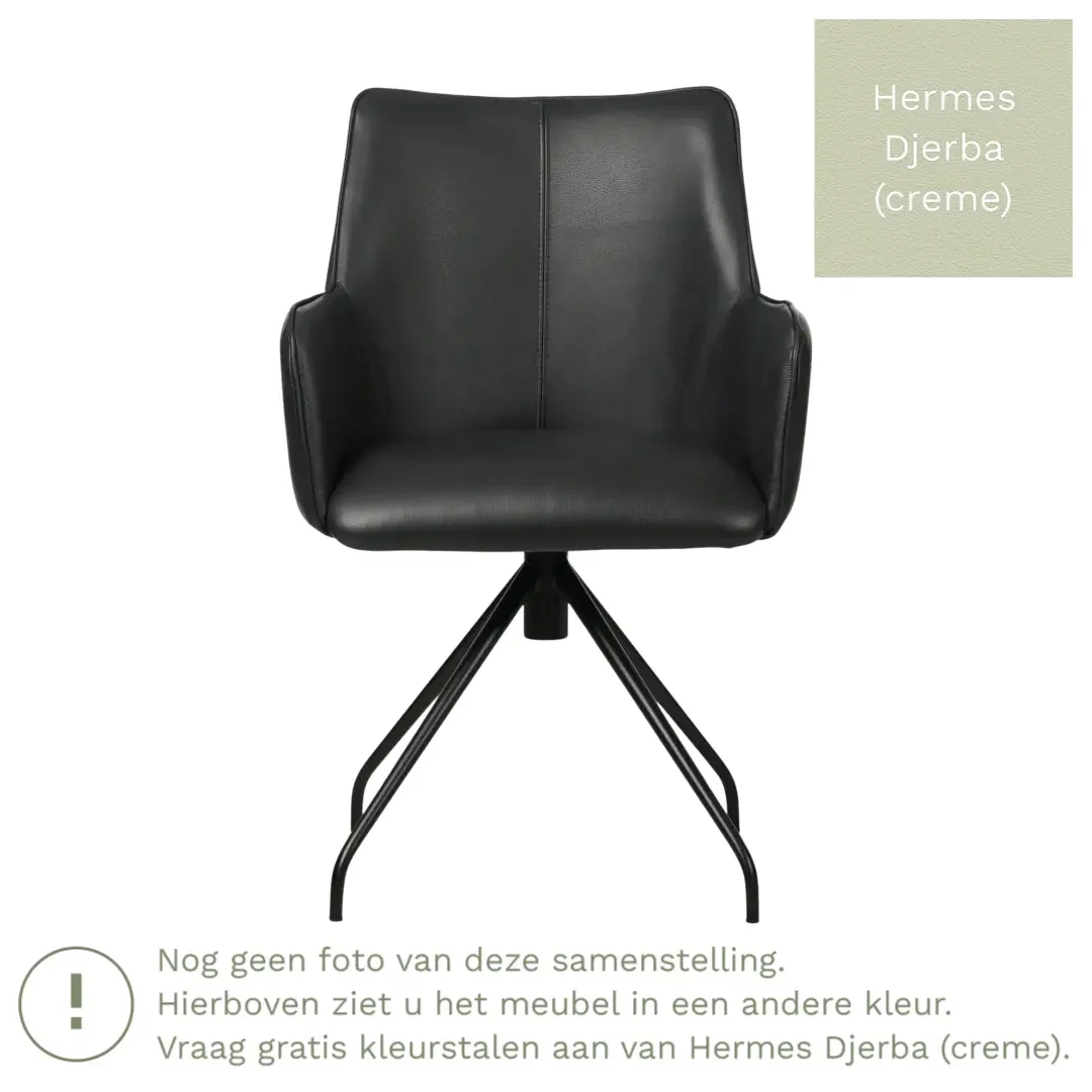 afbeelding van Leren draaibare eetkamerstoel Wave - Hermes Djerba (crème) - Spinpoot staal rond zwart