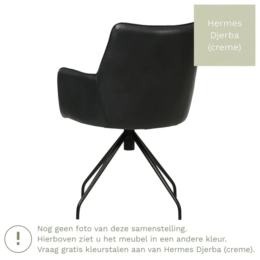 afbeelding van Leren draaibare eetkamerstoel Wave - Hermes Djerba (crème) - Spinpoot staal rond zwart