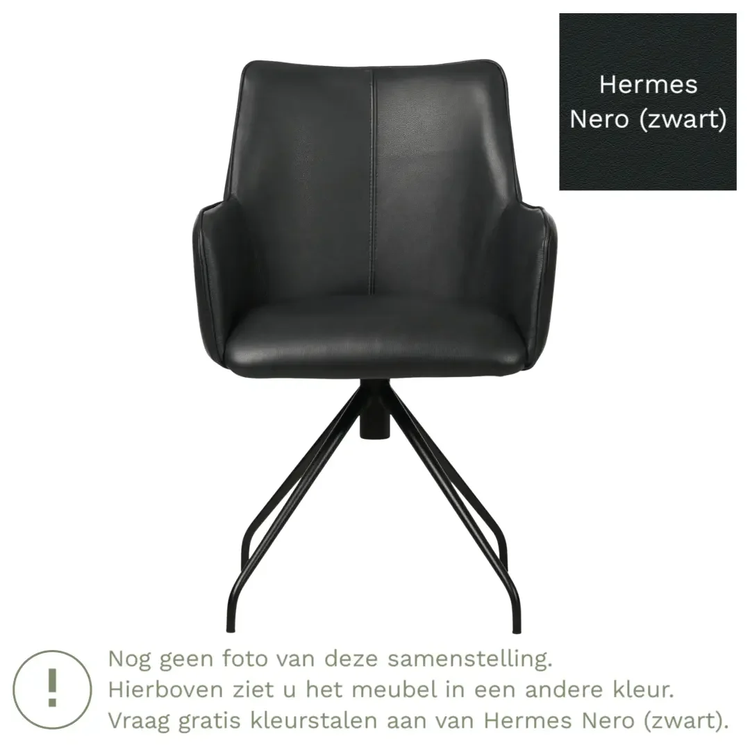 afbeelding van Leren draaibare eetkamerstoel Wave - Hermes Nero (zwart) - Spinpoot staal rond zwart