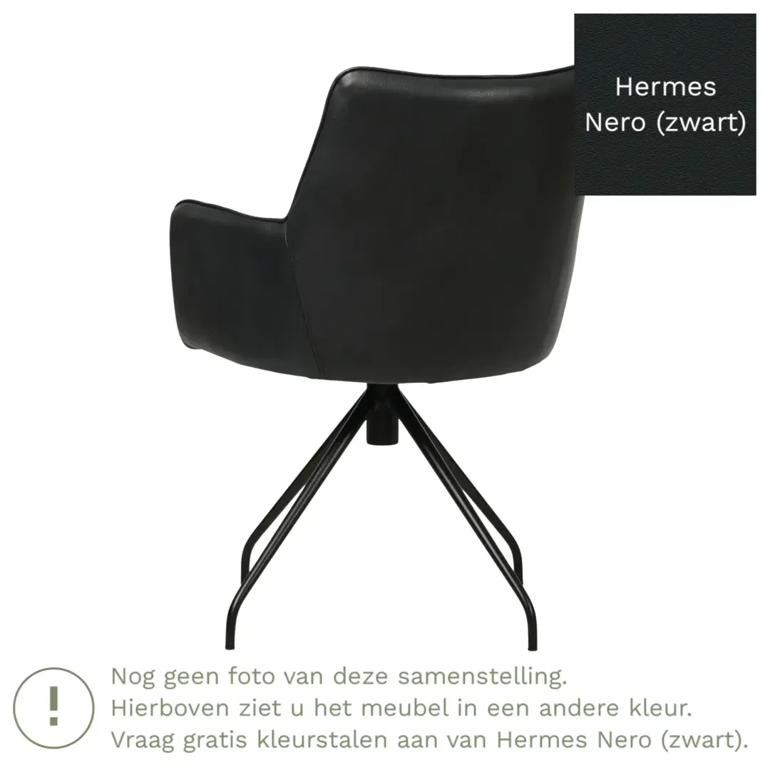 afbeelding van Leren draaibare eetkamerstoel Wave - Hermes Nero (zwart) - Spinpoot staal rond zwart