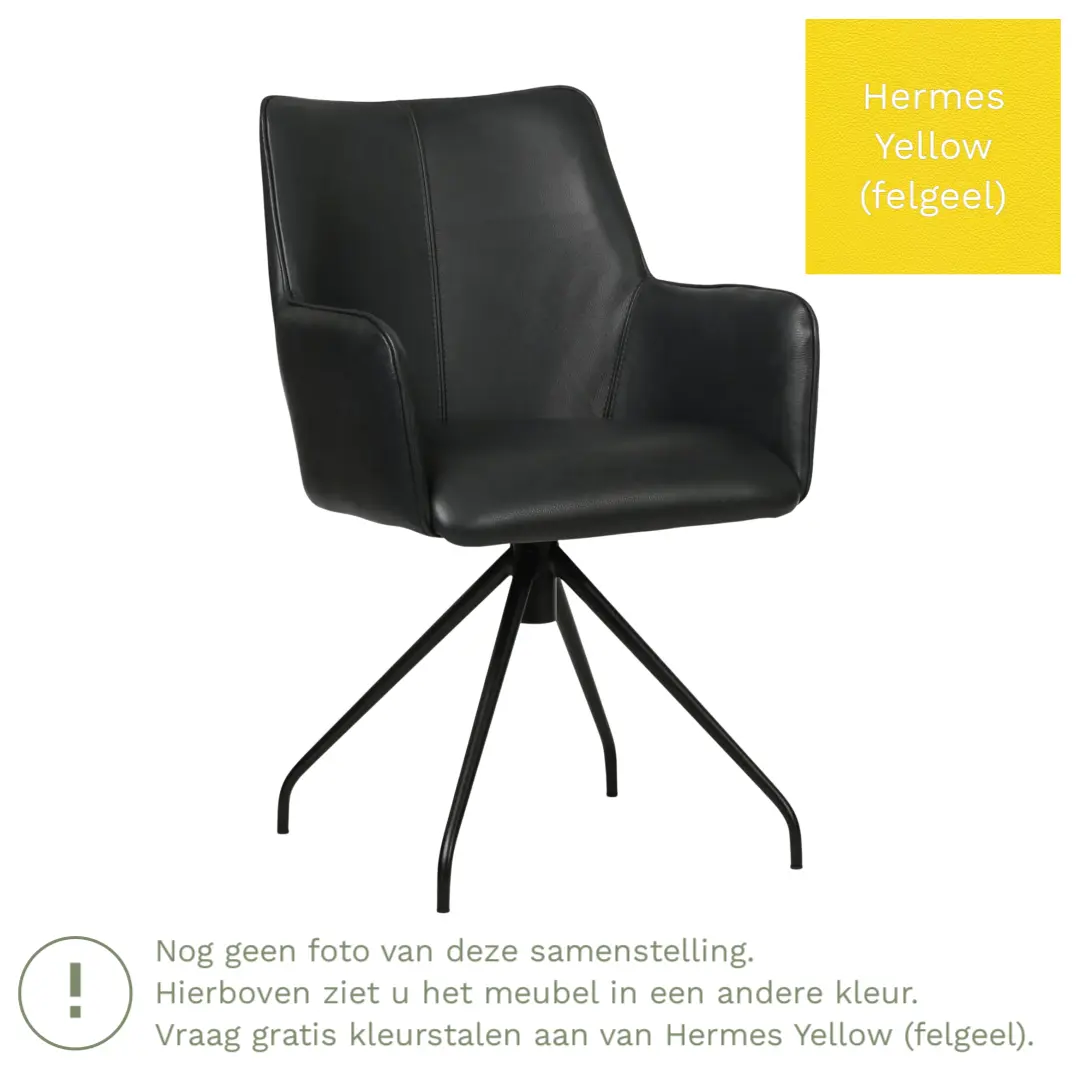 afbeelding van Leren draaibare eetkamerstoel Wave - Hermes Yellow (felgeel) - Spinpoot staal rond zwart