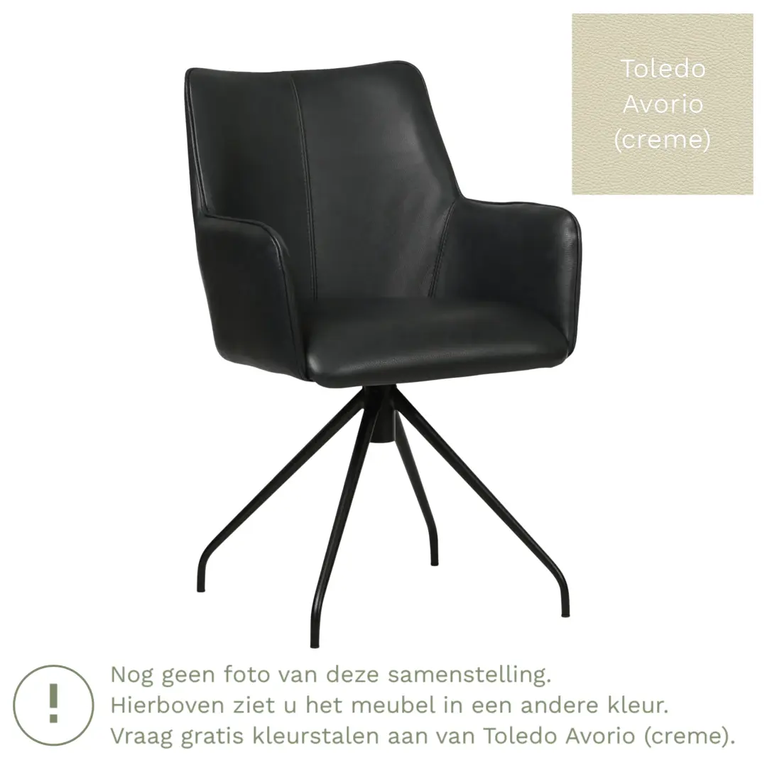 afbeelding van Leren draaibare eetkamerstoel Wave - Toledo Avorio (crème) - Spinpoot staal rond zwart